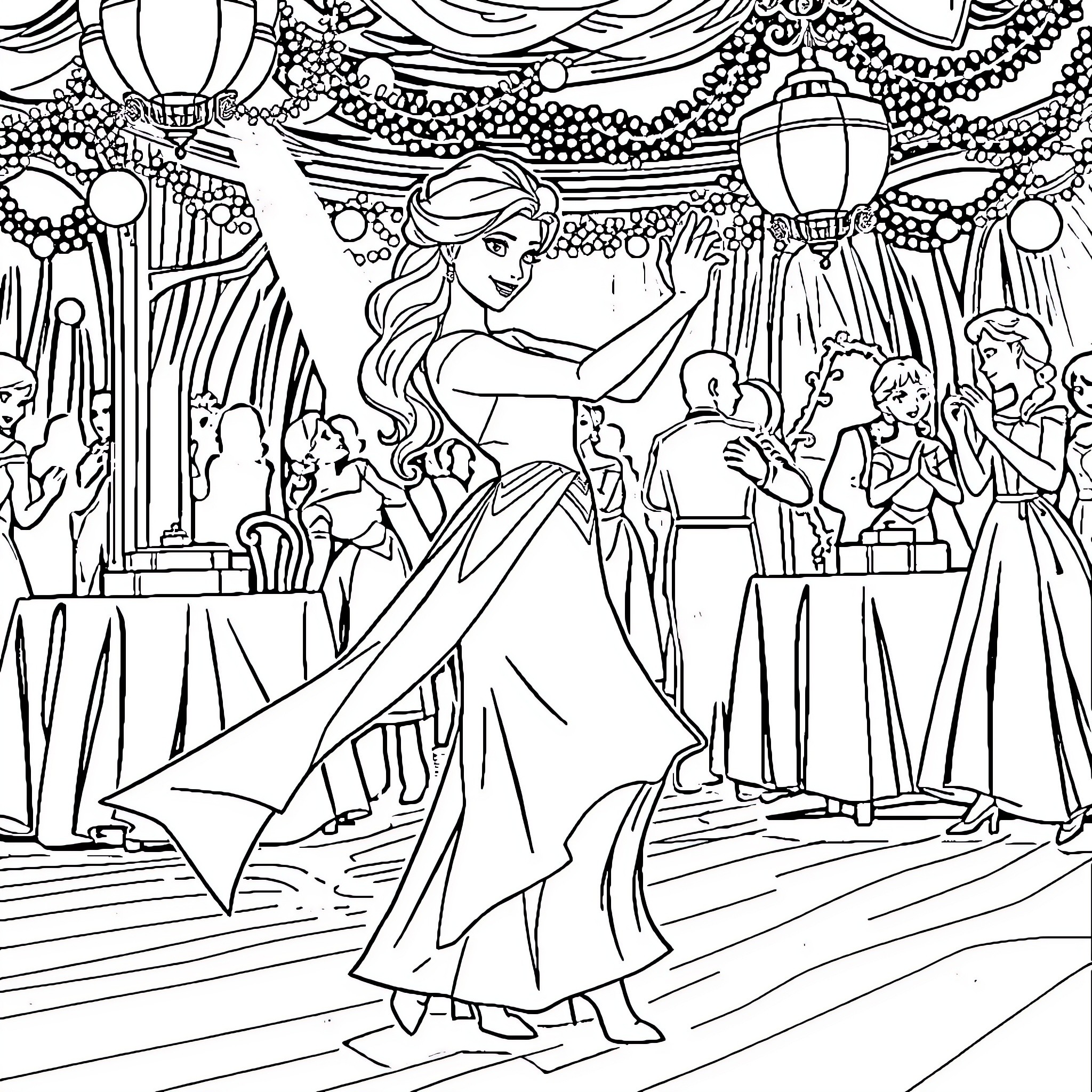 Elsa dancing joyfully at a festive celebration Coloring Page (free black-and-white line drawing printable PDF for all, from beginners to advanced learners, including children, teens, adults, and seniors)