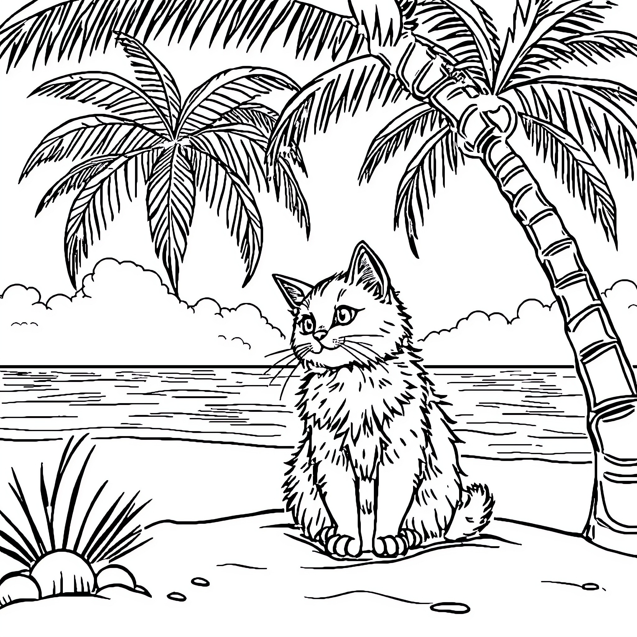 Cat relaxing on the tropical beach Coloring Page (free black-and-white line drawing printable PDF for all, from beginners to advanced learners, including children, teens, adults, and seniors)