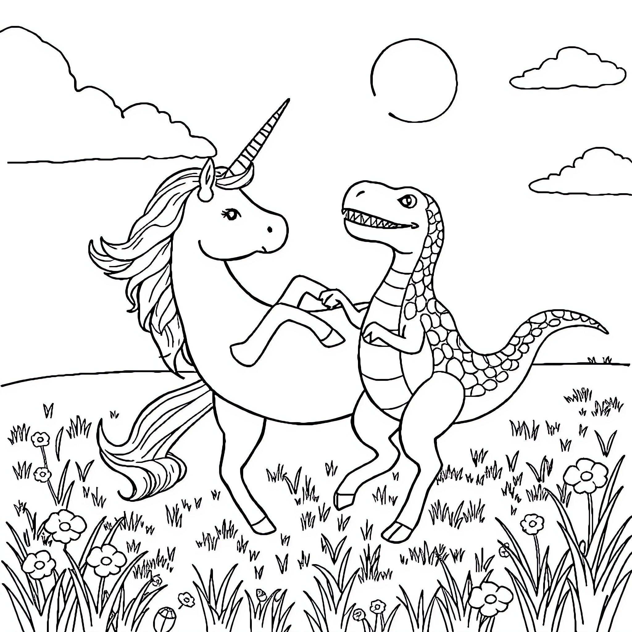 Unicorn and Dinosaur Playfully in the Meadow Coloring Page (free black-and-white line drawing printable PDF for all, from beginners to advanced learners, including children, teens, adults, and seniors)