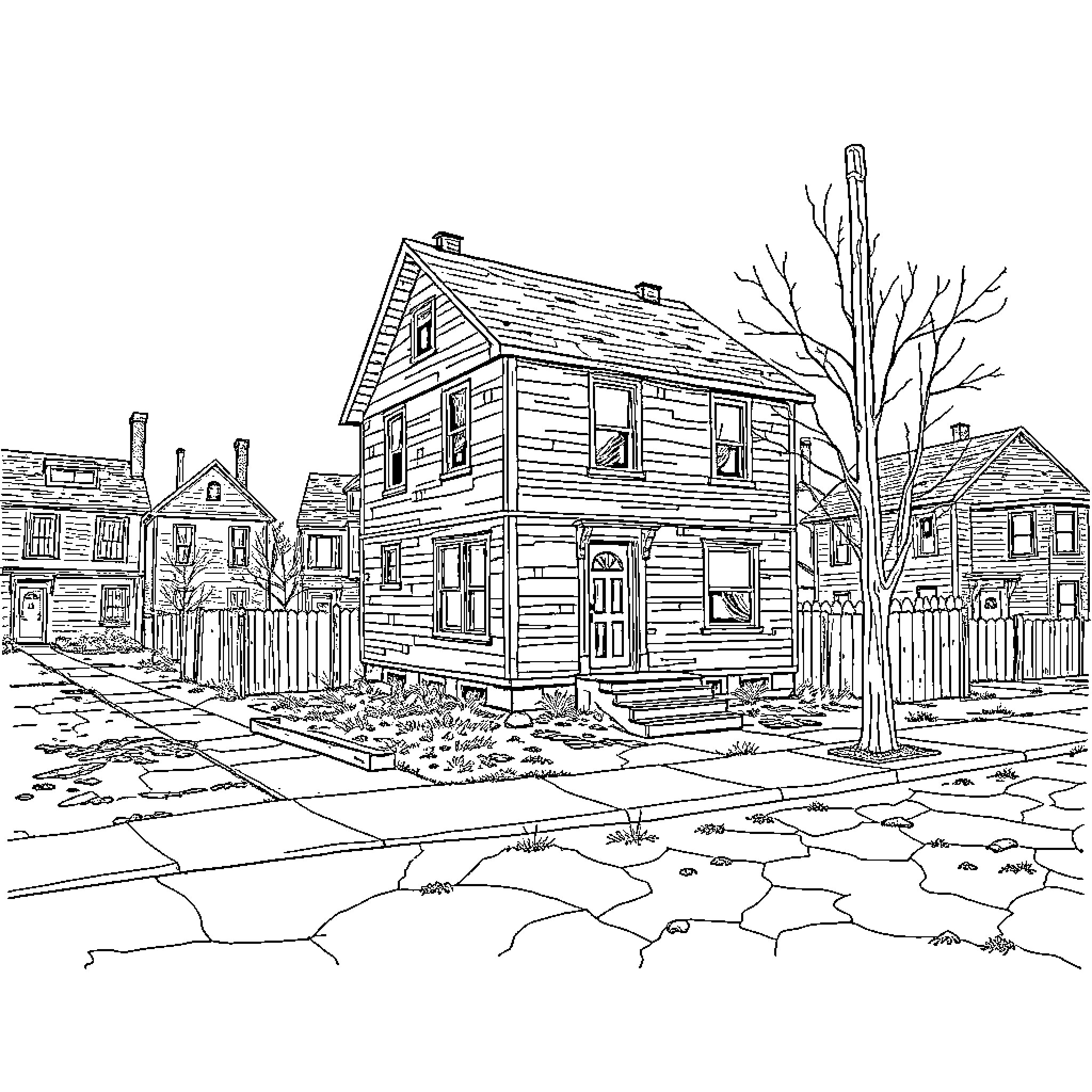 House on a Residential Street with Bare Trees Coloring Page (free black-and-white line drawing printable PDF for all, from beginners to advanced learners, including children, teens, adults, and seniors)