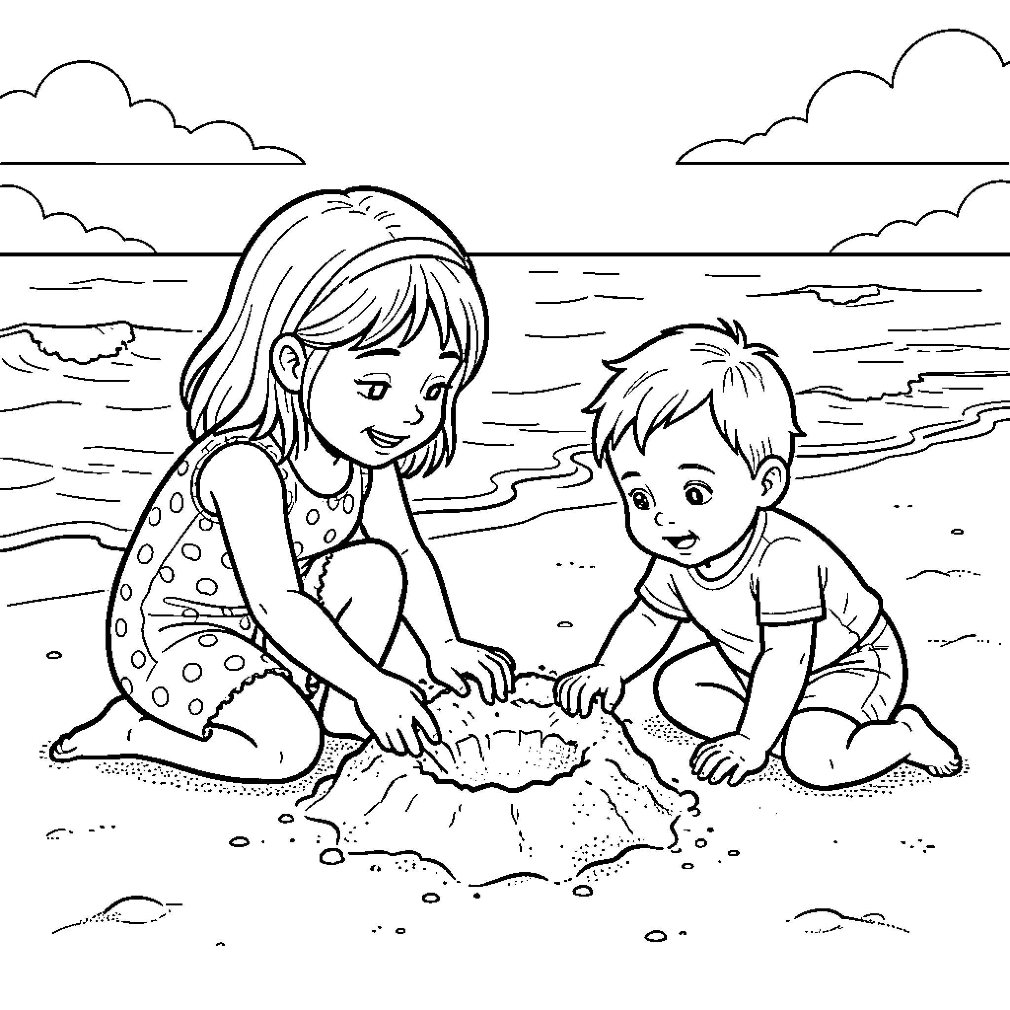 Fille and boy building a sandcastle at the beach Coloring Page (free black-and-white line drawing printable PDF for all, from beginners to advanced learners, including children, teens, adults, and seniors)