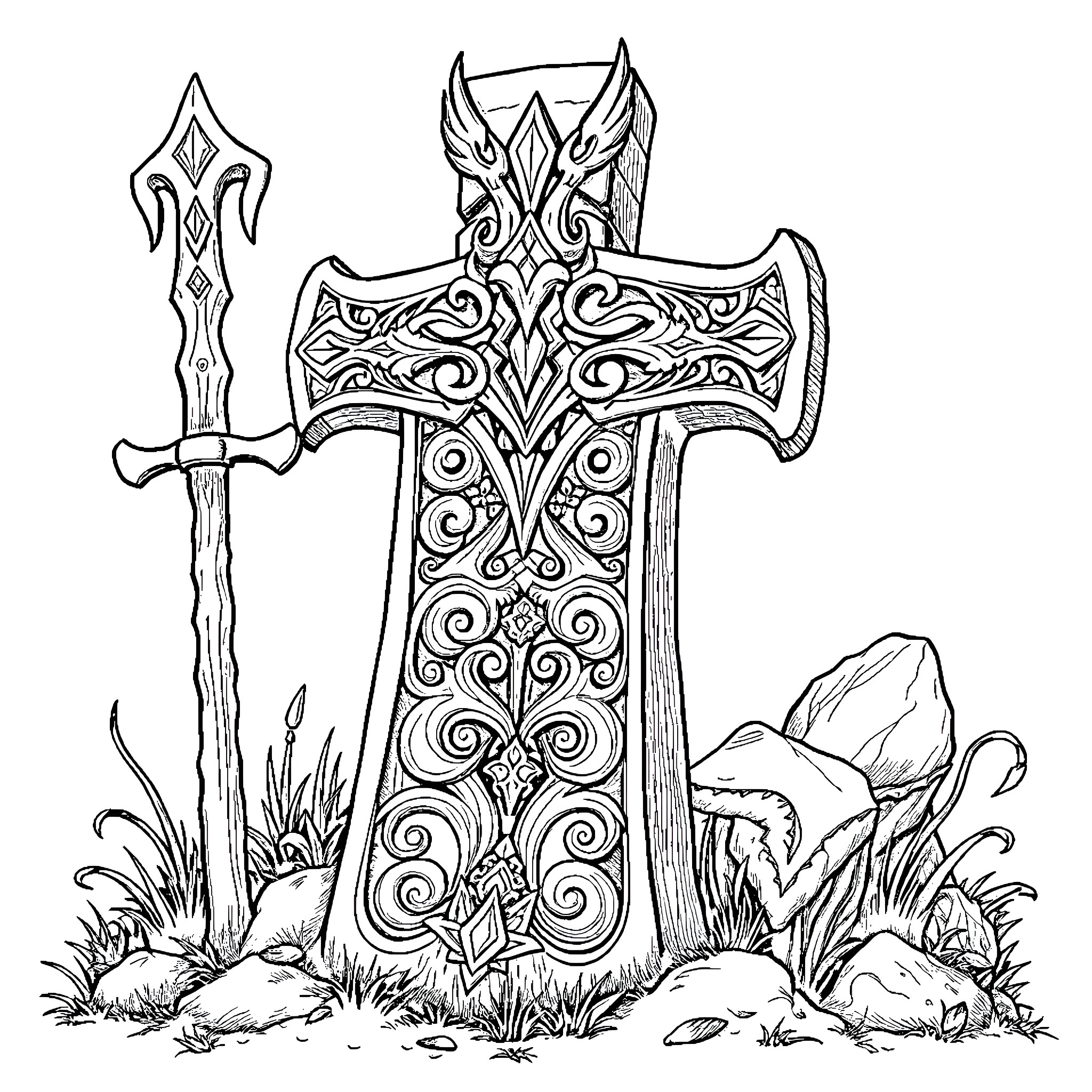 Rune of Mystic Symbols and Enchanted Sword Coloring Page (free black-and-white line drawing printable PDF for all, from beginners to advanced learners, including children, teens, adults, and seniors)