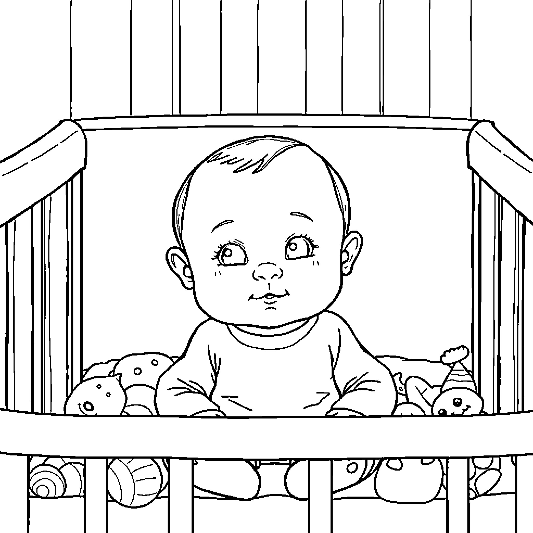 Putin gazing at baby in crib with toys Coloring Page (free black-and-white line drawing printable PDF for all, from beginners to advanced learners, including children, teens, adults, and seniors)
