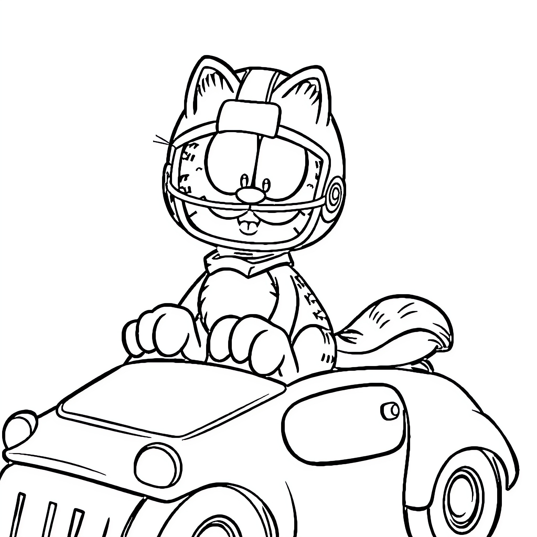 Garfield driving a funny cartoon car Coloring Page (free black-and-white line drawing printable PDF for all, from beginners to advanced learners, including children, teens, adults, and seniors)