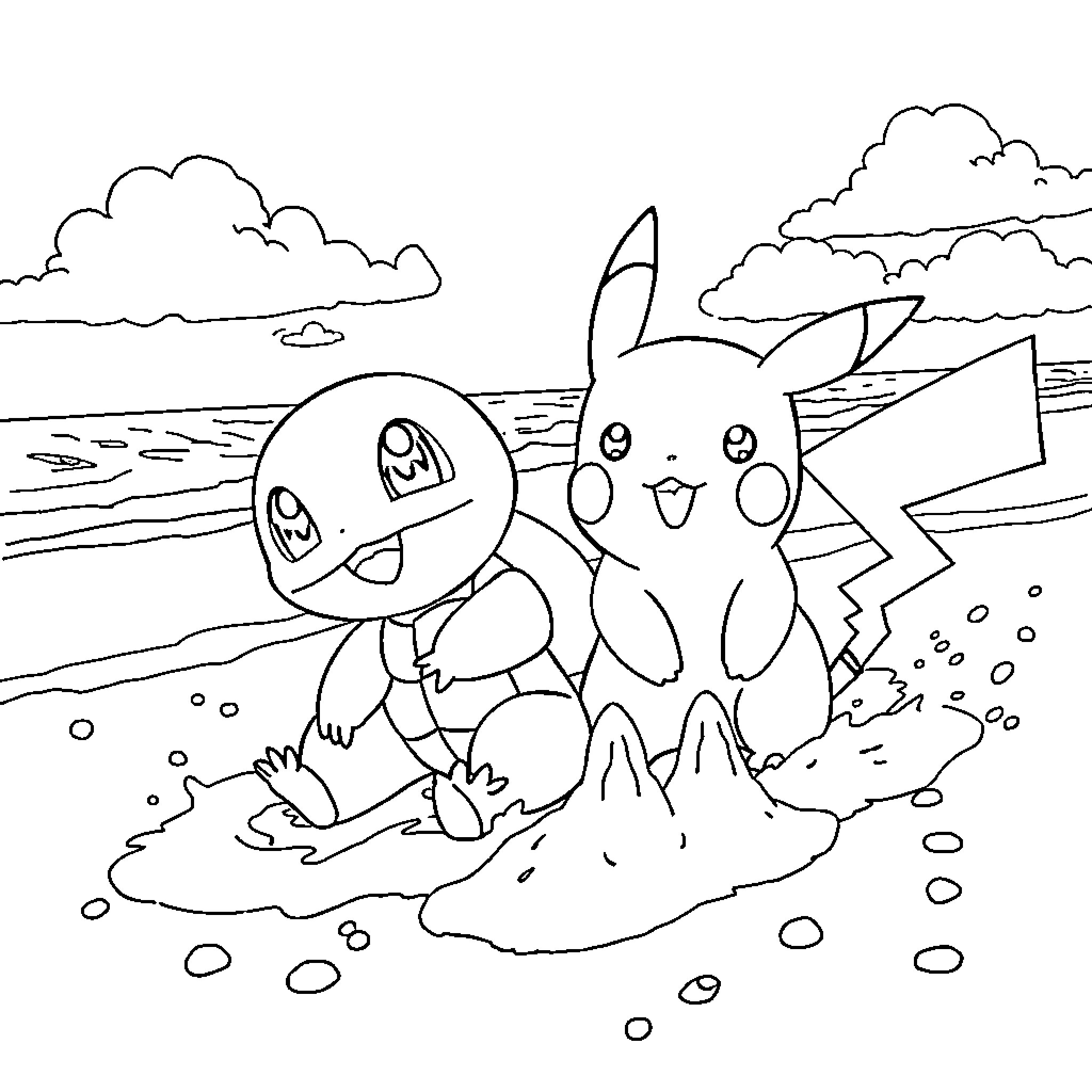 Squirtle and Pikachu playing in the beach scenery Coloring Page (free black-and-white line drawing printable PDF for all, from beginners to advanced learners, including children, teens, adults, and seniors)