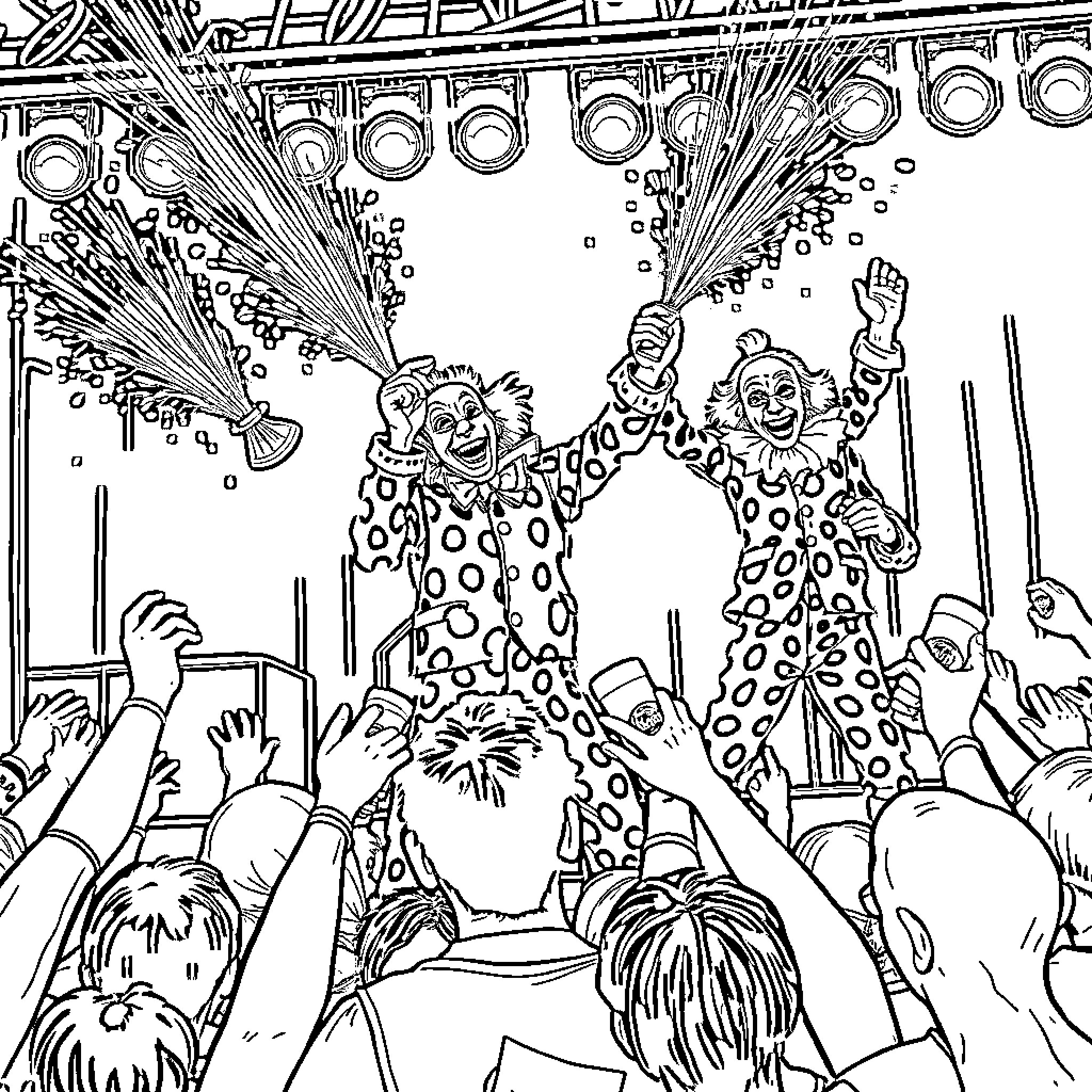 Insane Clown Posse performing energetic show with crowd Coloring Page (free black-and-white line drawing printable PDF for all, from beginners to advanced learners, including children, teens, adults, and seniors)