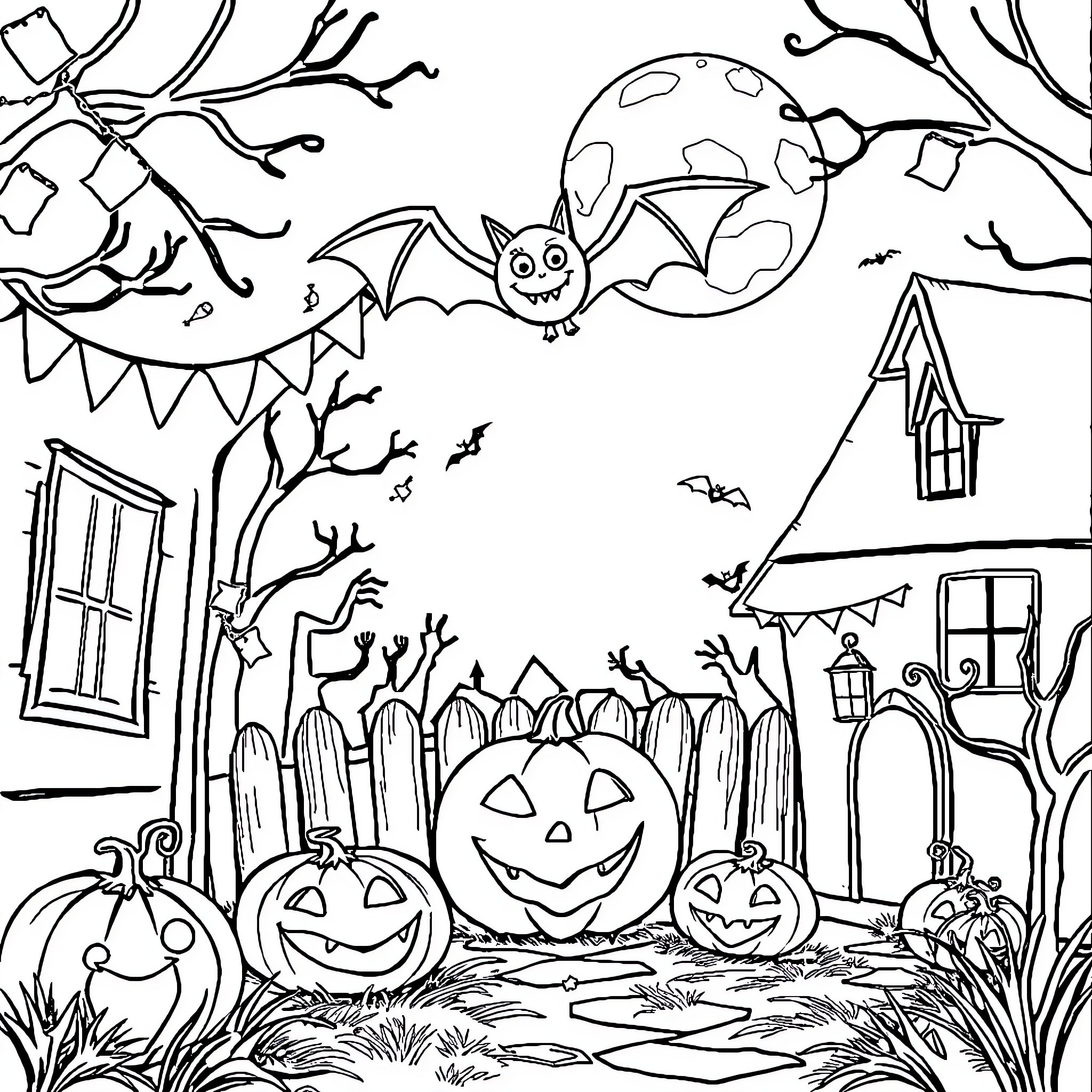 Bats and pumpkins in a spooky Halloween scene Coloring Page (free black-and-white line drawing printable PDF for all, from beginners to advanced learners, including children, teens, adults, and seniors)