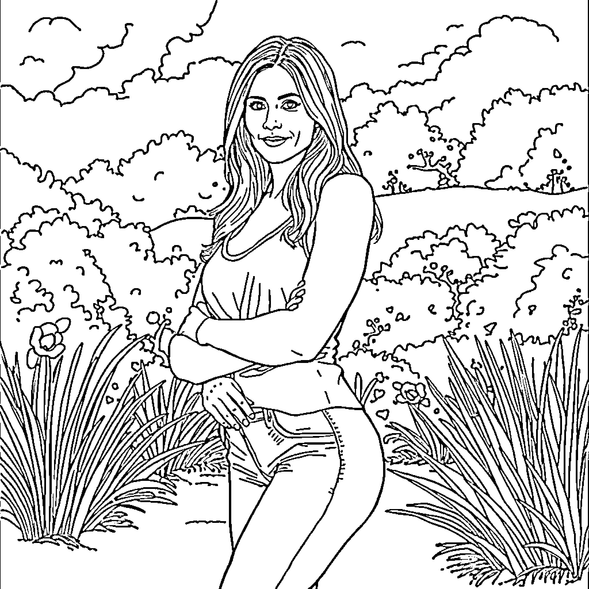 Jenifer Anniston in a serene outdoor setting Coloring Page (free black-and-white line drawing printable PDF for all, from beginners to advanced learners, including children, teens, adults, and seniors)