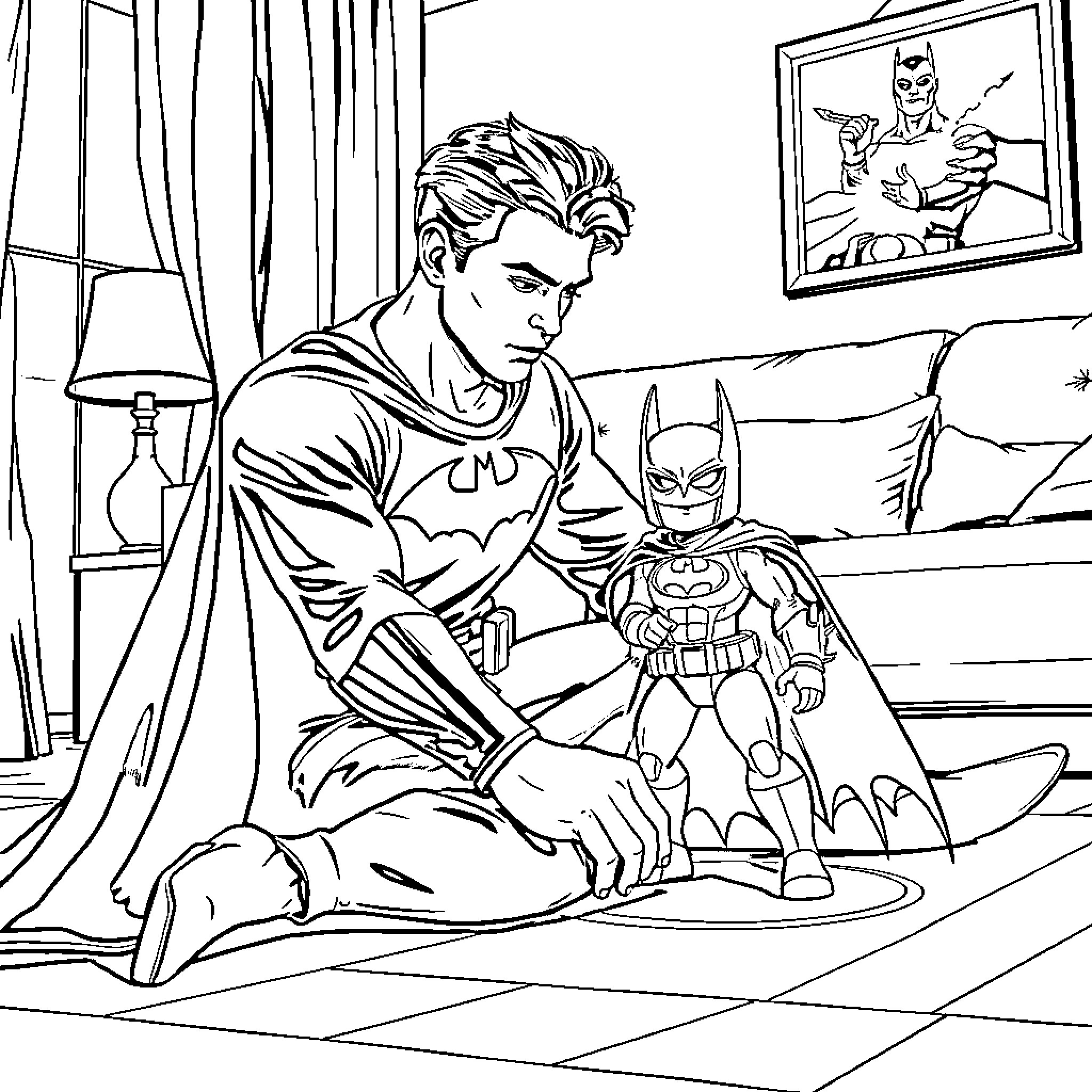 Leonardo's Heroic Encounter with the Caped Crusader Coloring Page (free black-and-white line drawing printable PDF for all, from beginners to advanced learners, including children, teens, adults, and seniors)