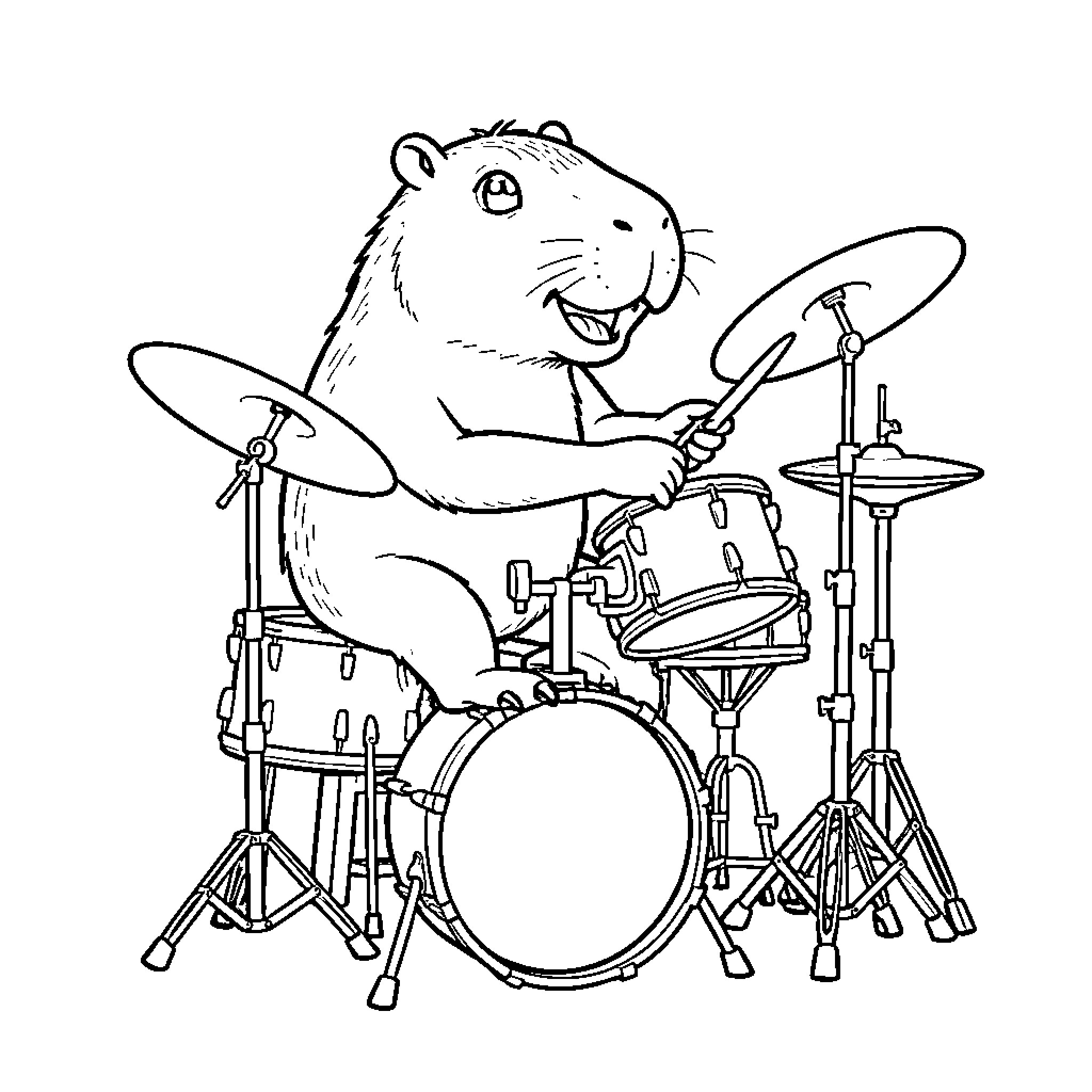 Capybara happily playing a drum set Coloring Page (free black-and-white line drawing printable PDF for all, from beginners to advanced learners, including children, teens, adults, and seniors)