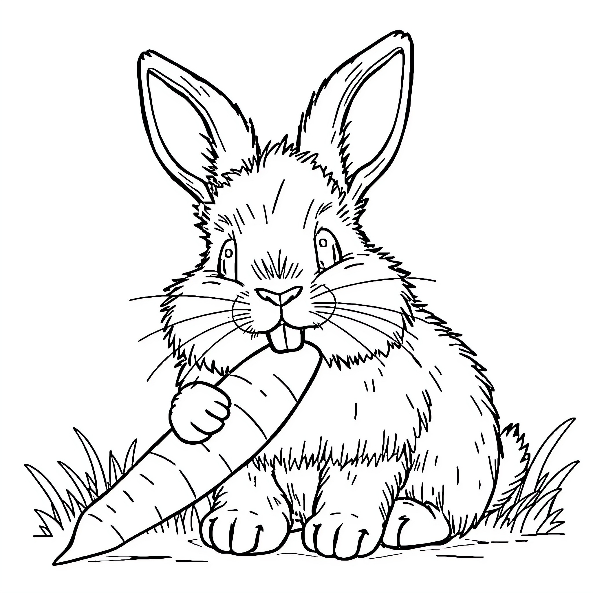 Rabbit enjoying a carrot in the grass Coloring Page (free black-and-white line drawing printable PDF for all, from beginners to advanced learners, including children, teens, adults, and seniors)