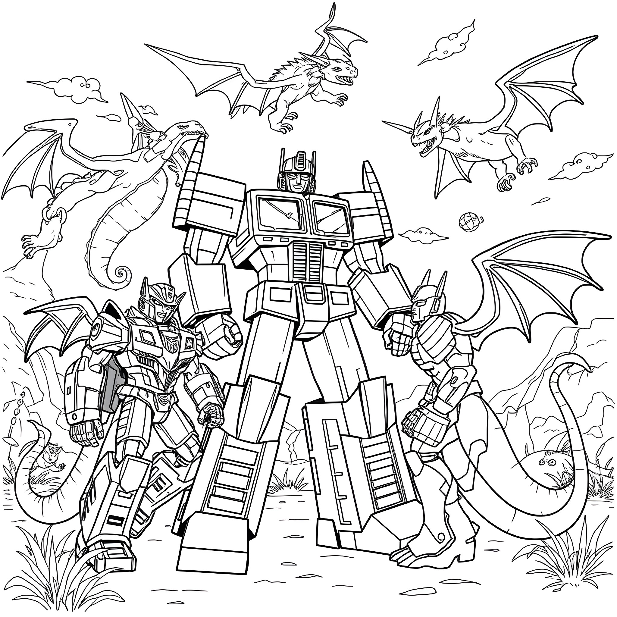 Optimus Prime facing off against formidable dragon-like foes Coloring Page (free black-and-white line drawing printable PDF for all, from beginners to advanced learners, including children, teens, adults, and seniors)