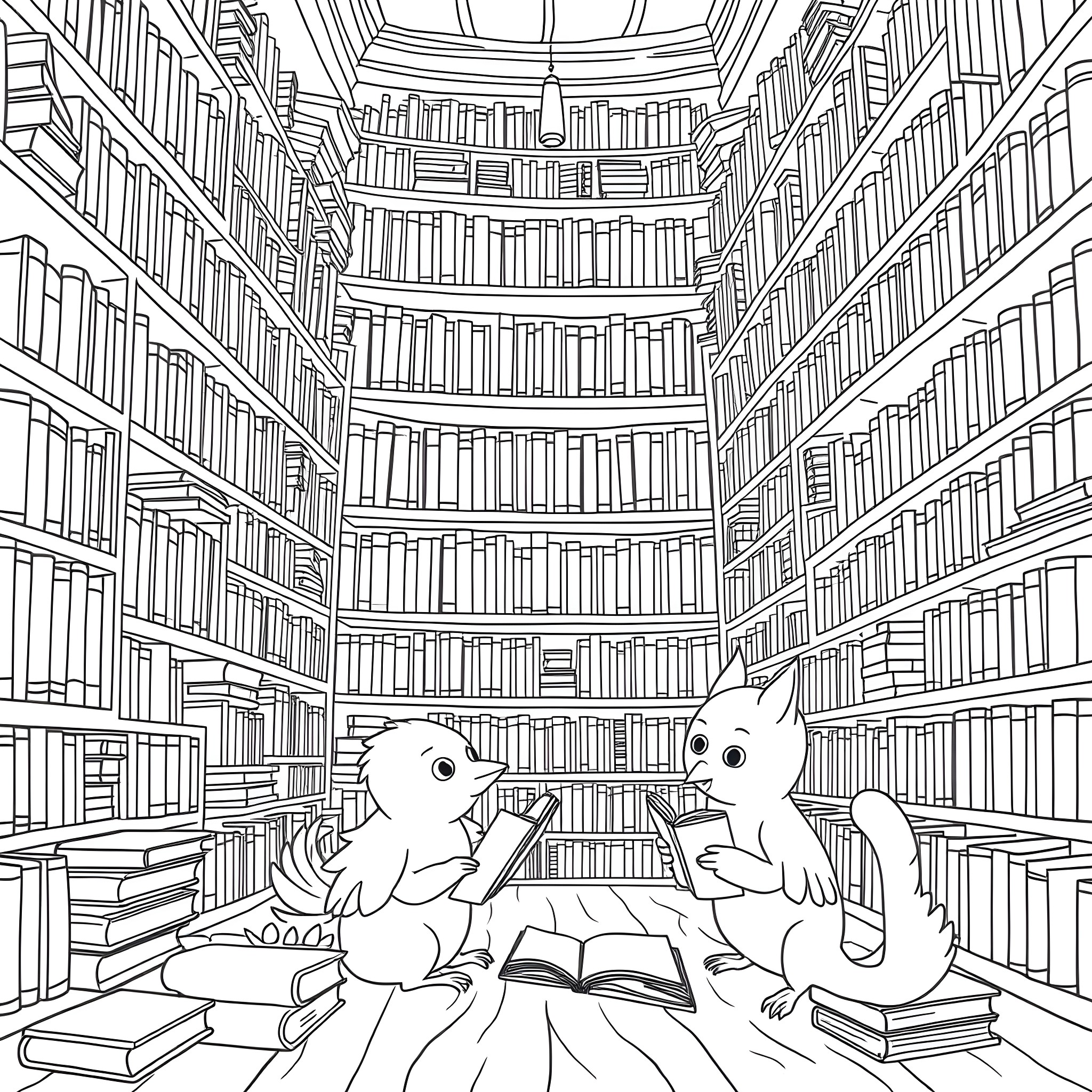 Creature exploring a vast library of books Coloring Page (free black-and-white line drawing printable PDF for all, from beginners to advanced learners, including children, teens, adults, and seniors)