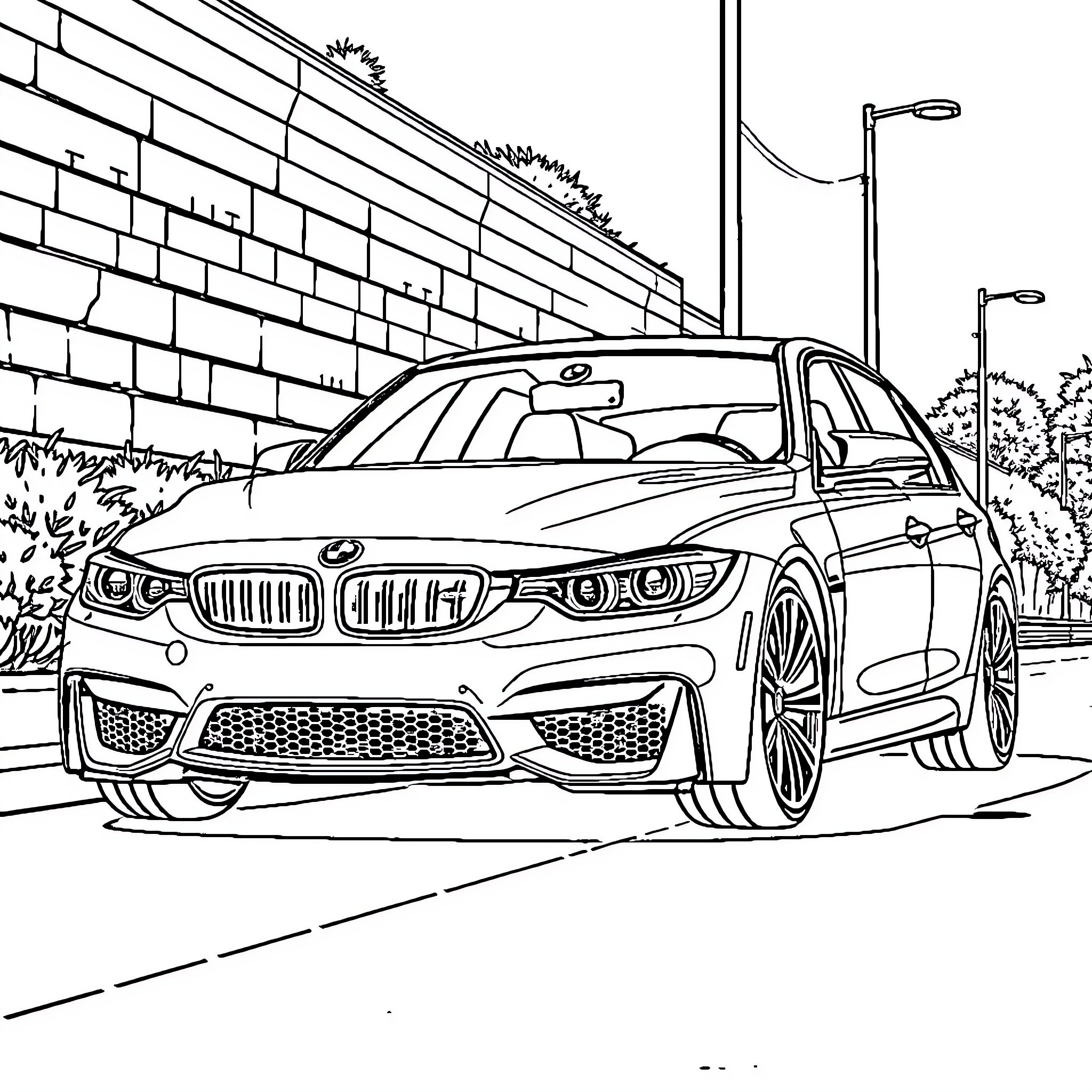BMW sports car parked in urban setting Coloring Page (free black-and-white line drawing printable PDF for all, from beginners to advanced learners, including children, teens, adults, and seniors)
