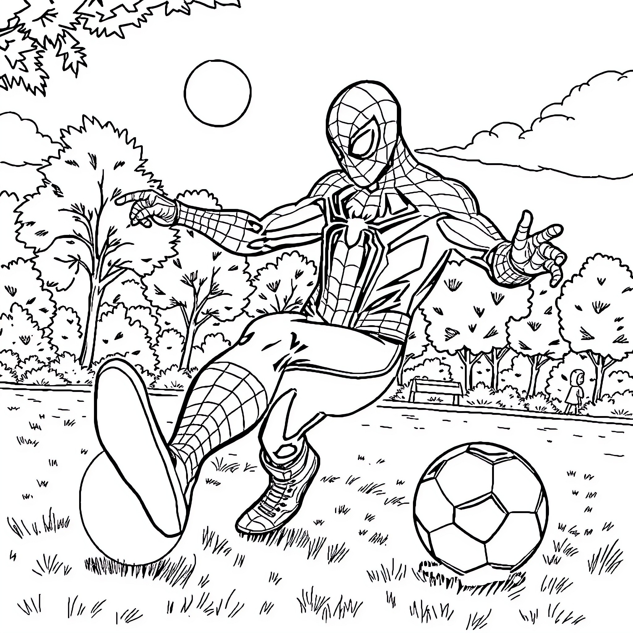Spiderman playing soccer in the park Coloring Page (free black-and-white line drawing printable PDF for all, from beginners to advanced learners, including children, teens, adults, and seniors)