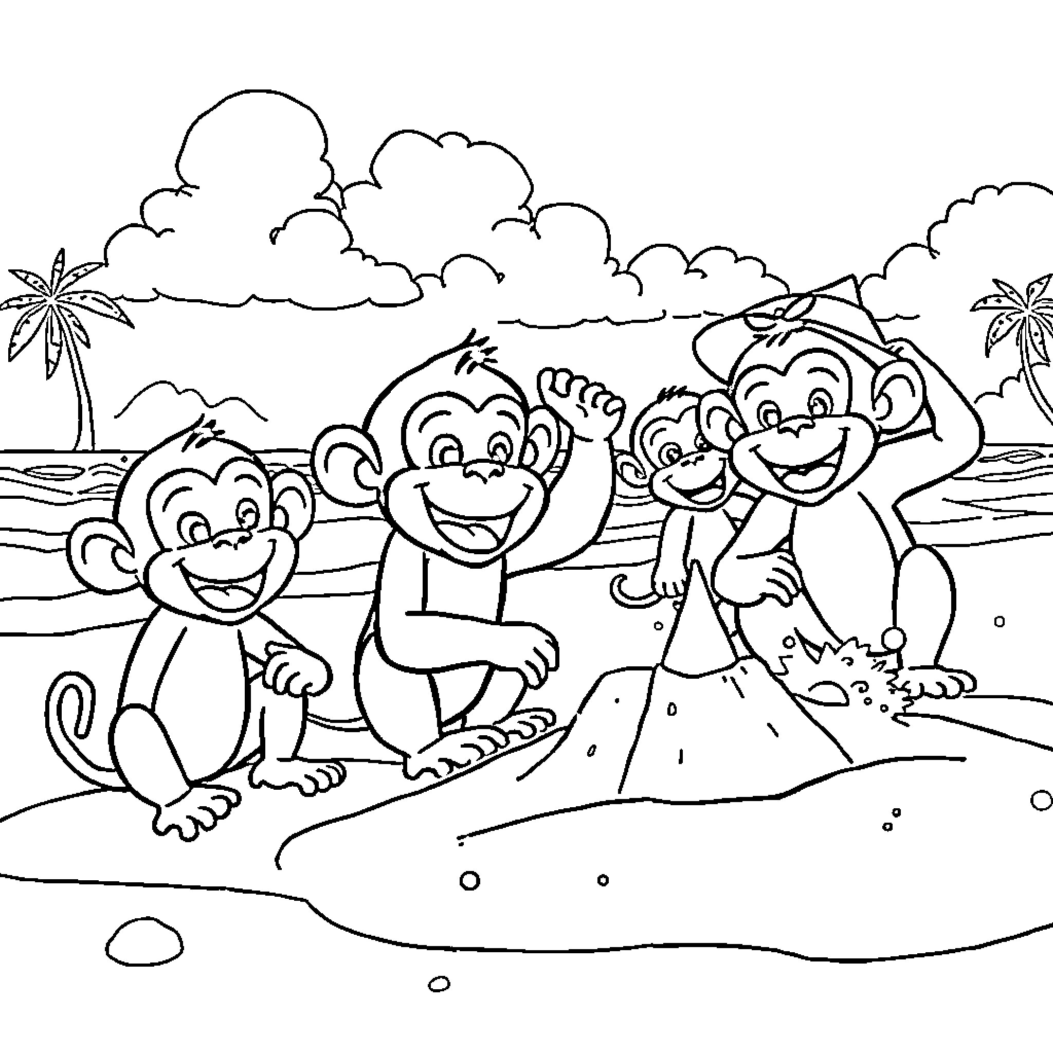 Chimp friends playing on the beach Coloring Page (free black-and-white line drawing printable PDF for all, from beginners to advanced learners, including children, teens, adults, and seniors)
