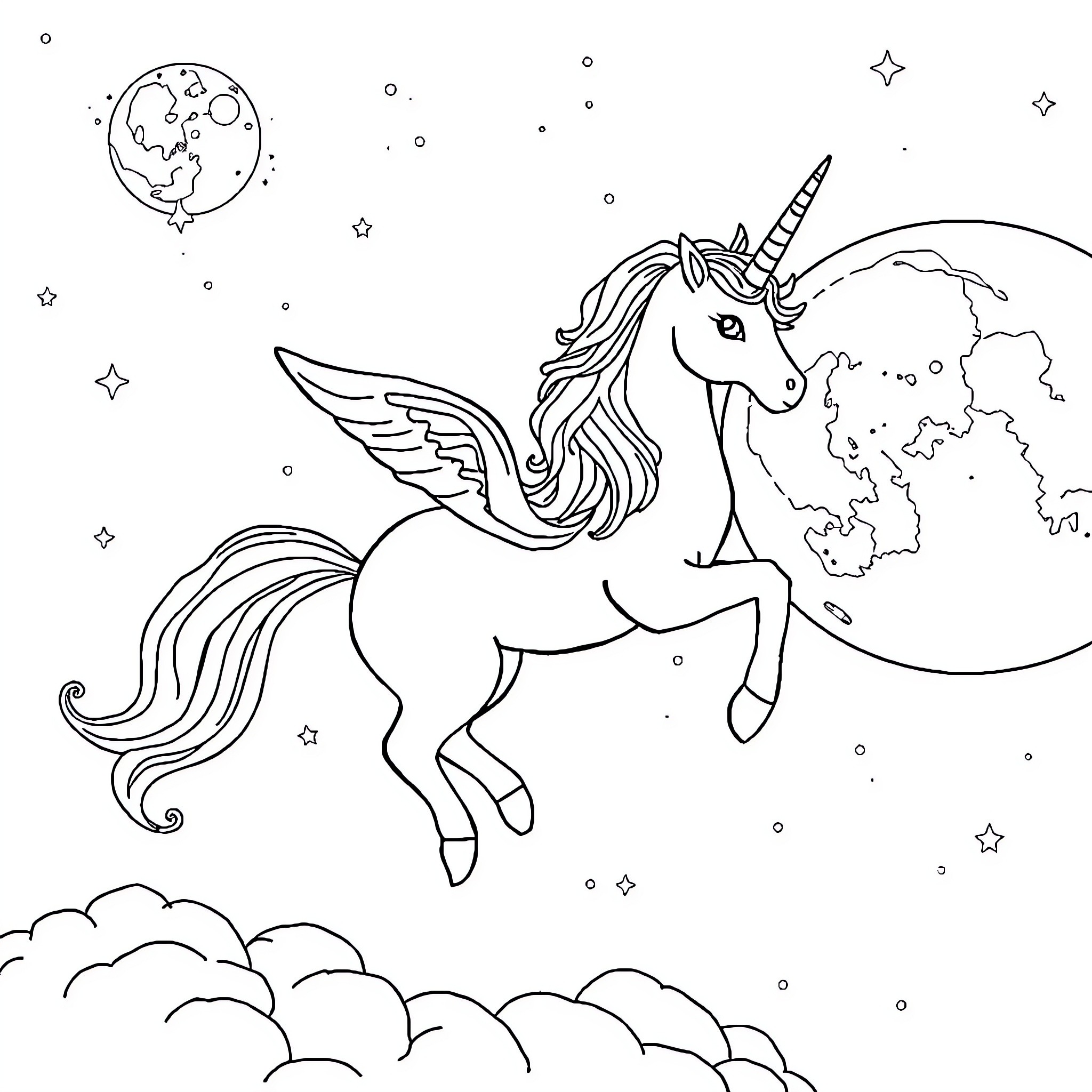 Licorne soaring through the starry night sky Coloring Page (free black-and-white line drawing printable PDF for all, from beginners to advanced learners, including children, teens, adults, and seniors)