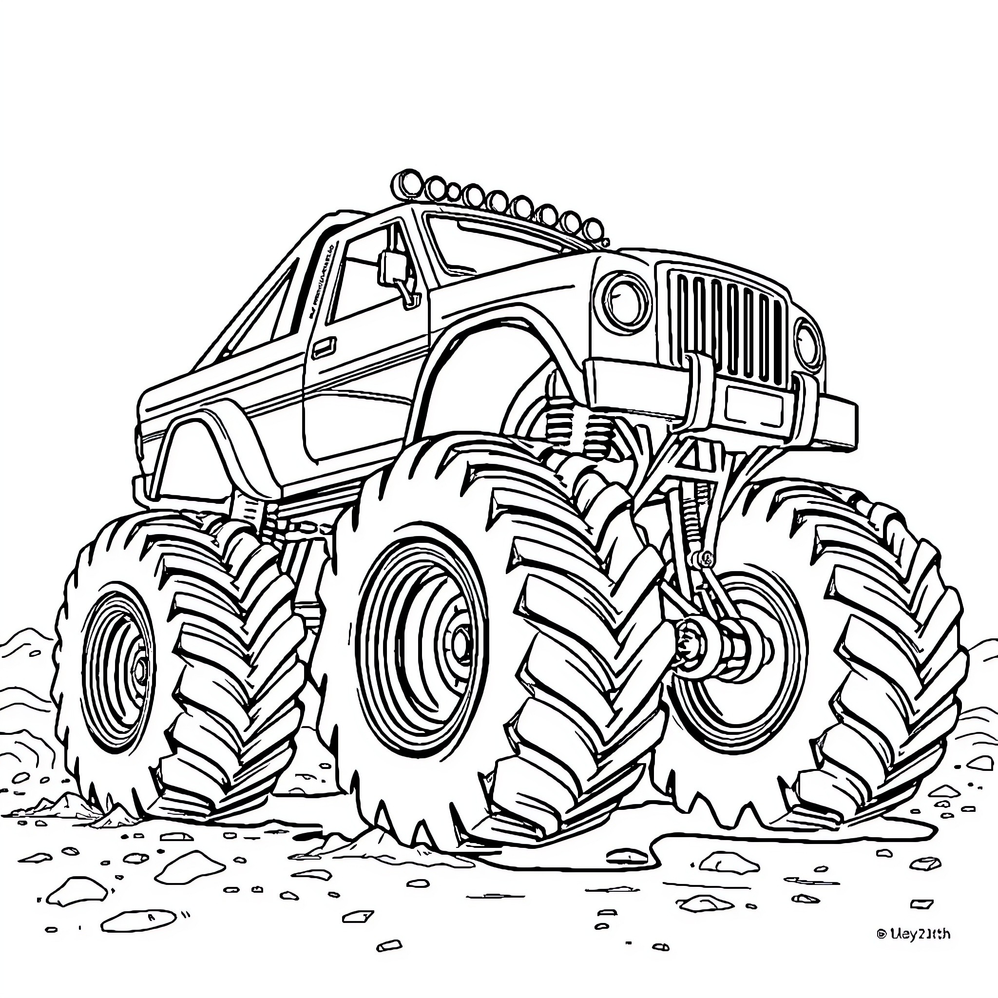 Monster Truck Conquering Rugged Terrain Coloring Page (free black-and-white line drawing printable PDF for all, from beginners to advanced learners, including children, teens, adults, and seniors)