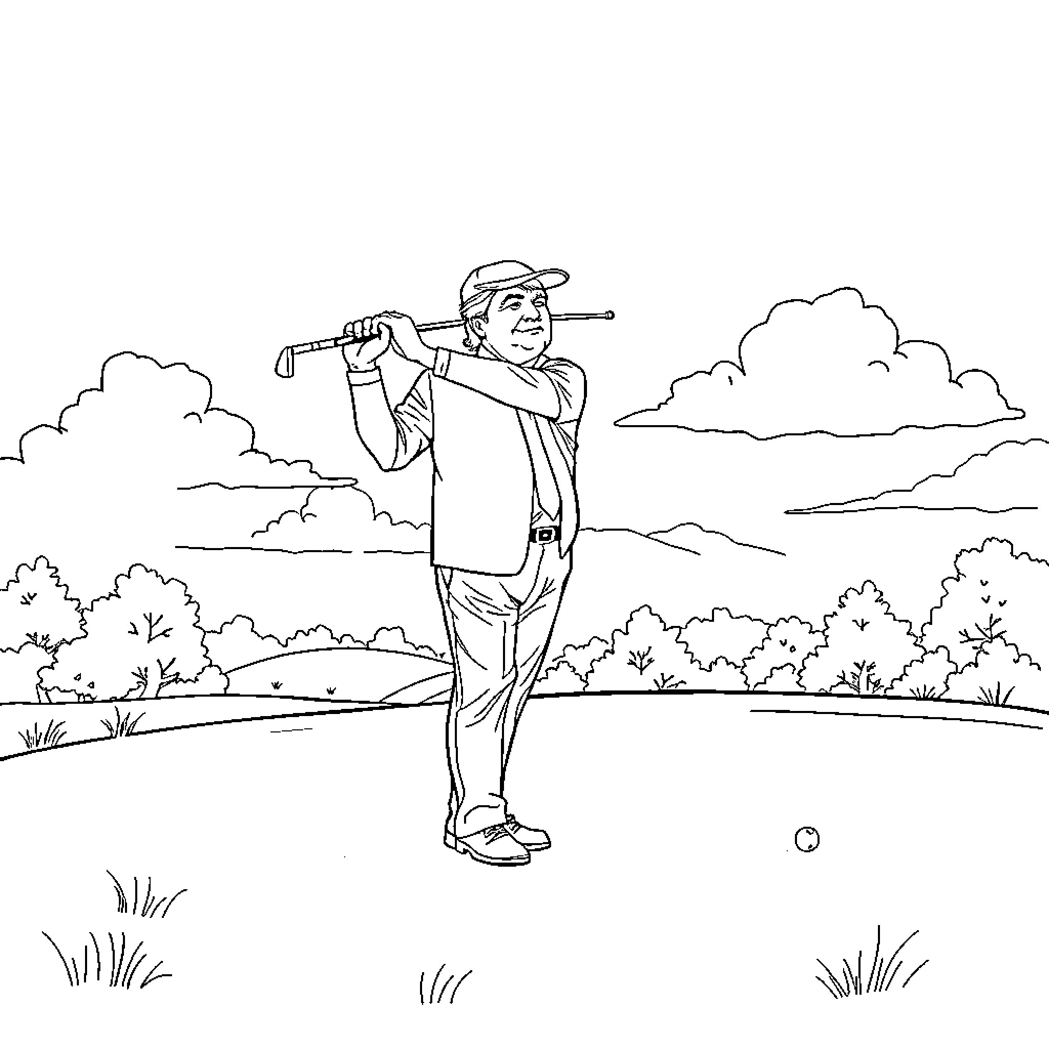 Donald Trump golfing in the countryside Coloring Page (free black-and-white line drawing printable PDF for all, from beginners to advanced learners, including children, teens, adults, and seniors)