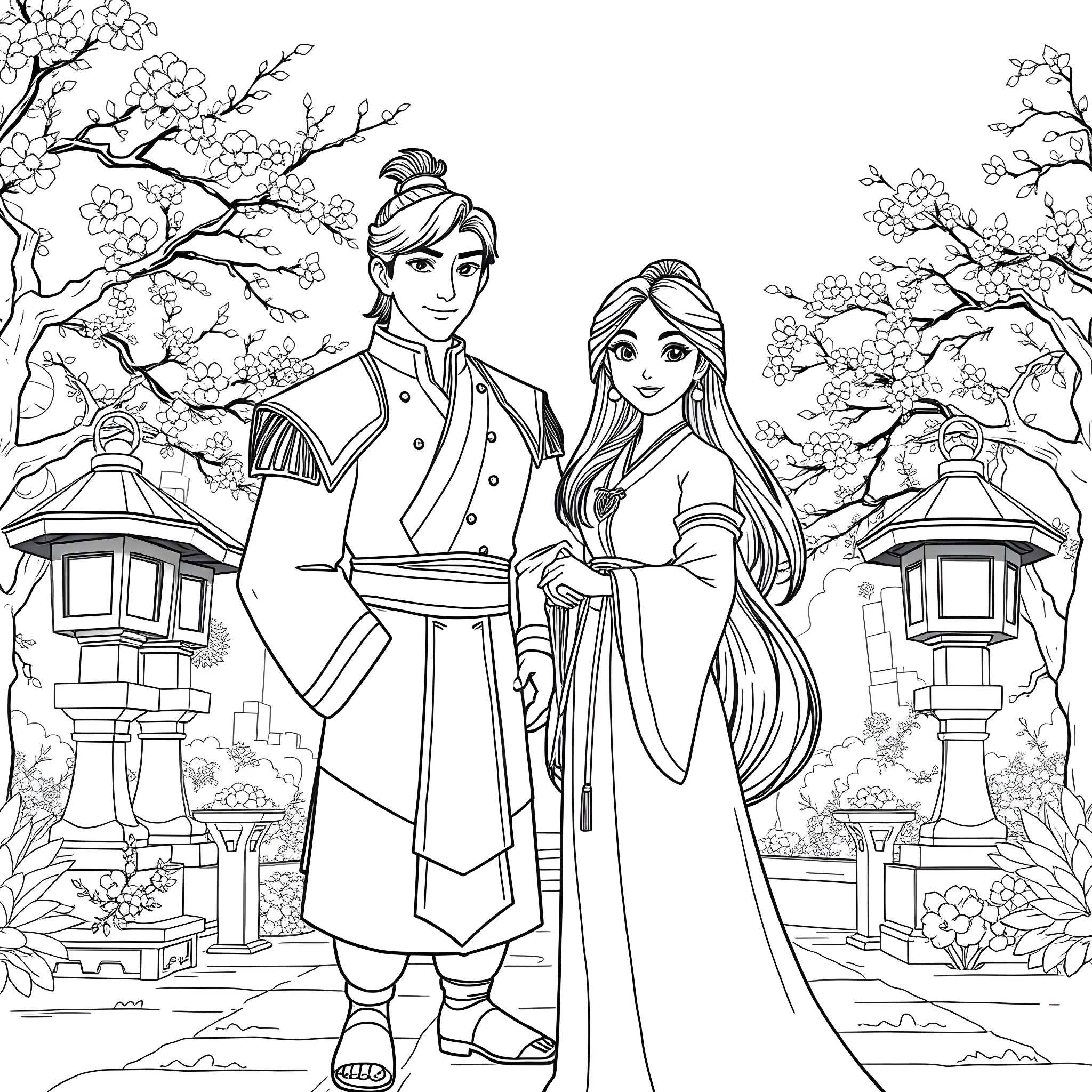 Mulan and her husband in a serene garden Coloring Page (free black-and-white line drawing printable PDF for all, from beginners to advanced learners, including children, teens, adults, and seniors)