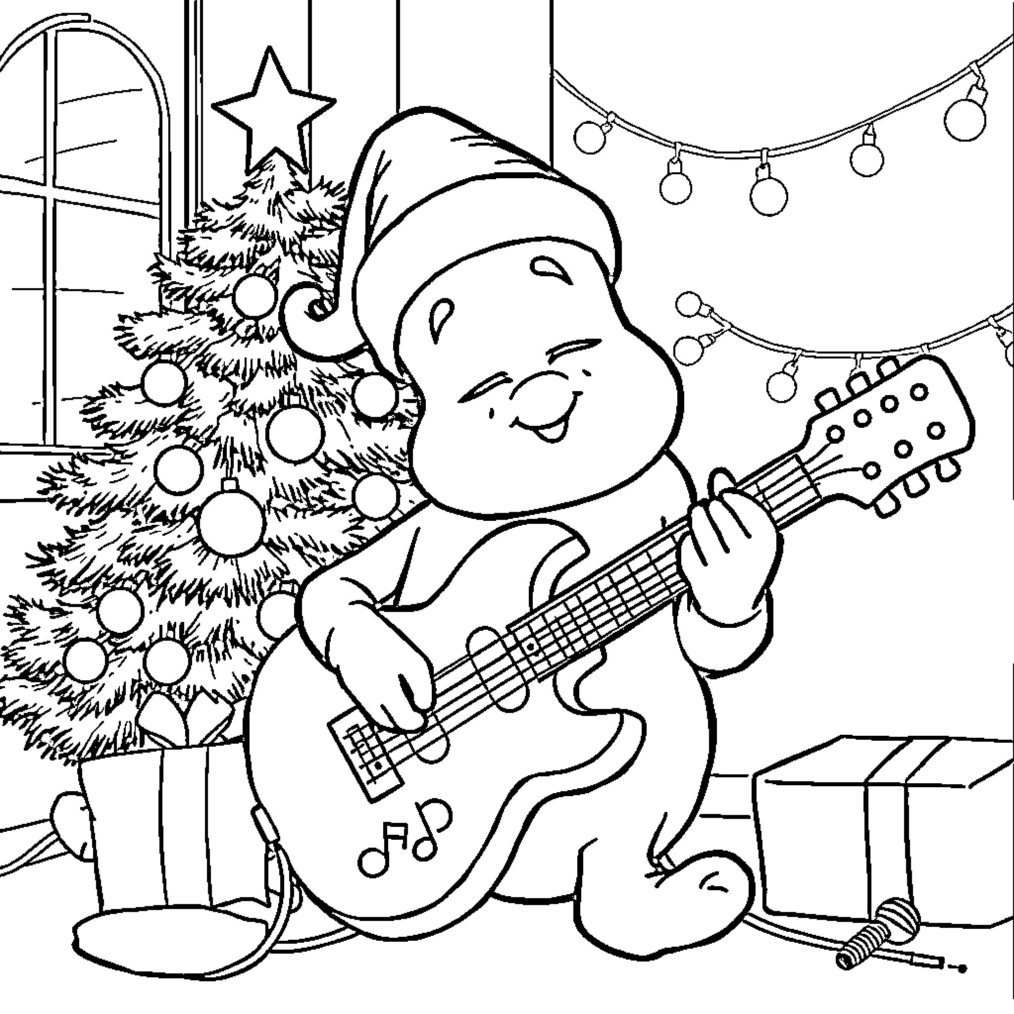 Sleep Token playing guitar near Christmas tree Coloring Page (free black-and-white line drawing printable PDF for all, from beginners to advanced learners, including children, teens, adults, and seniors)