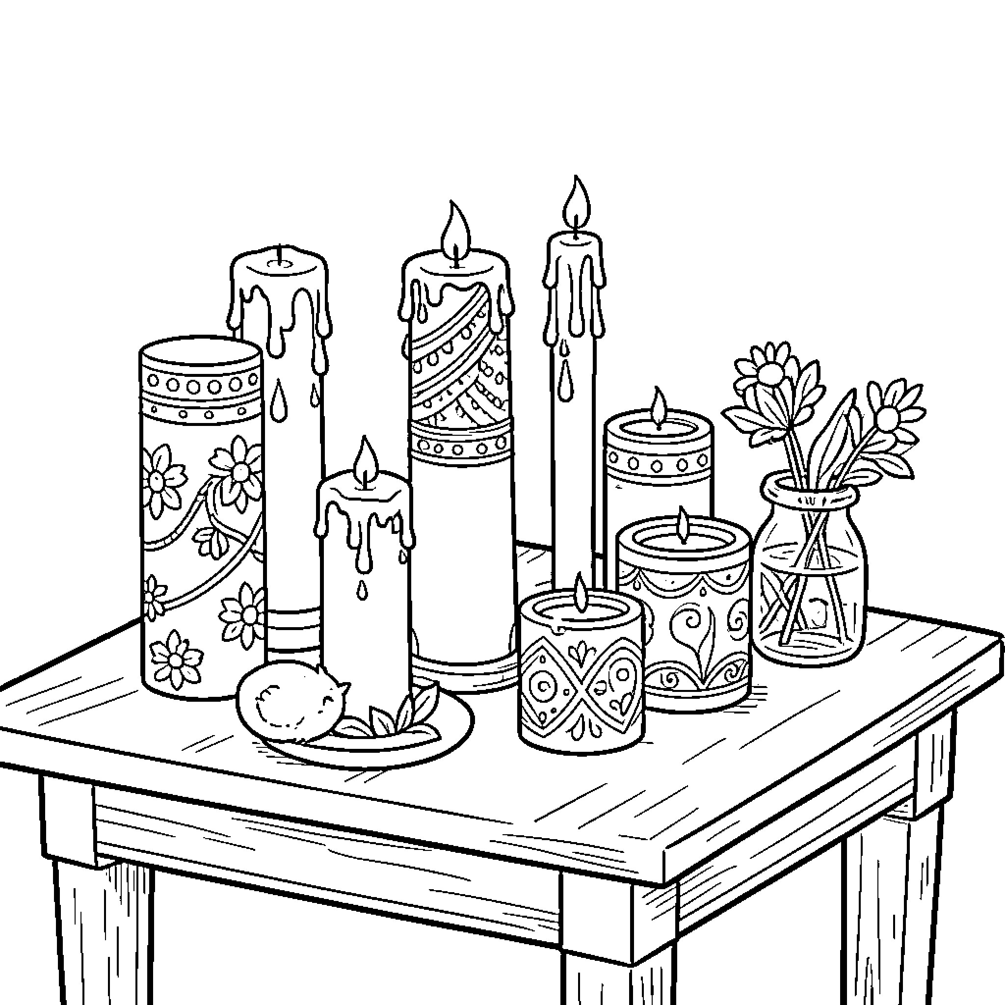 Candle-lit table with decorative candles and flowers Coloring Page (free black-and-white line drawing printable PDF for all, from beginners to advanced learners, including children, teens, adults, and seniors)