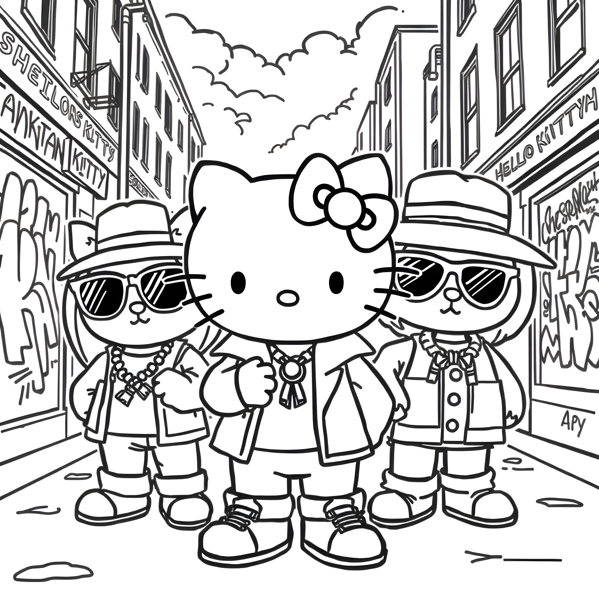 Hello Kitty and friends exploring the city streets Coloring Page (free black-and-white line drawing printable PDF for all, from beginners to advanced learners, including children, teens, adults, and seniors)