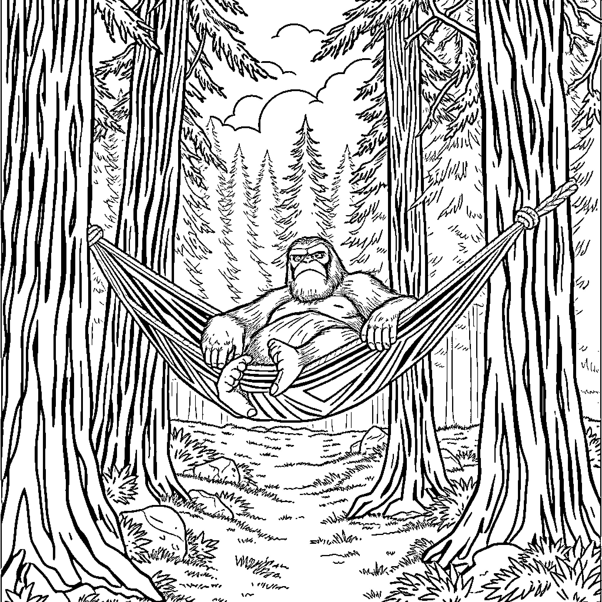 Bigfoot relaxing in a forest hammock Coloring Page (free black-and-white line drawing printable PDF for all, from beginners to advanced learners, including children, teens, adults, and seniors)