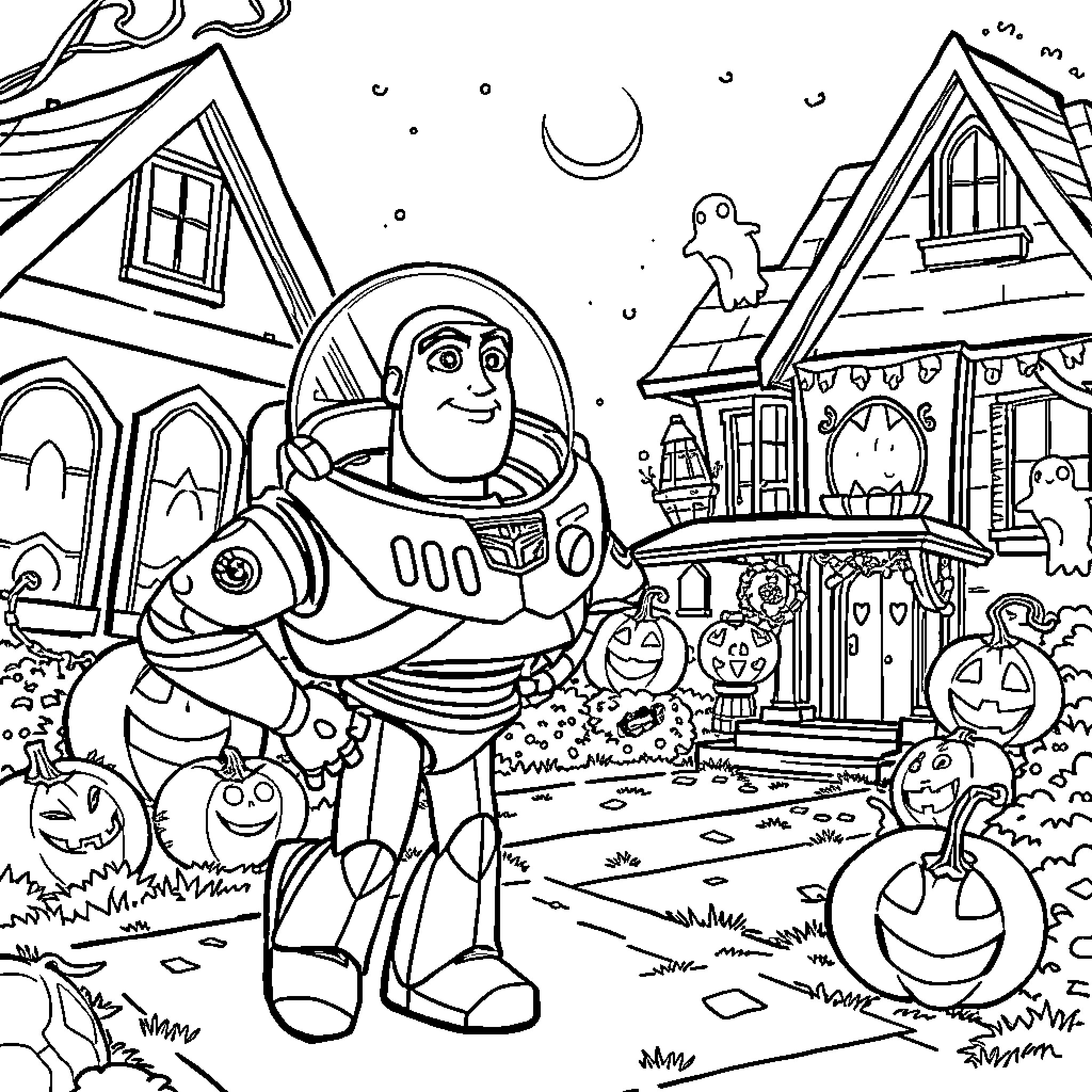 Buzz Lightyear explores a spooky Halloween neighborhood Coloring Page (free black-and-white line drawing printable PDF for all, from beginners to advanced learners, including children, teens, adults, and seniors)
