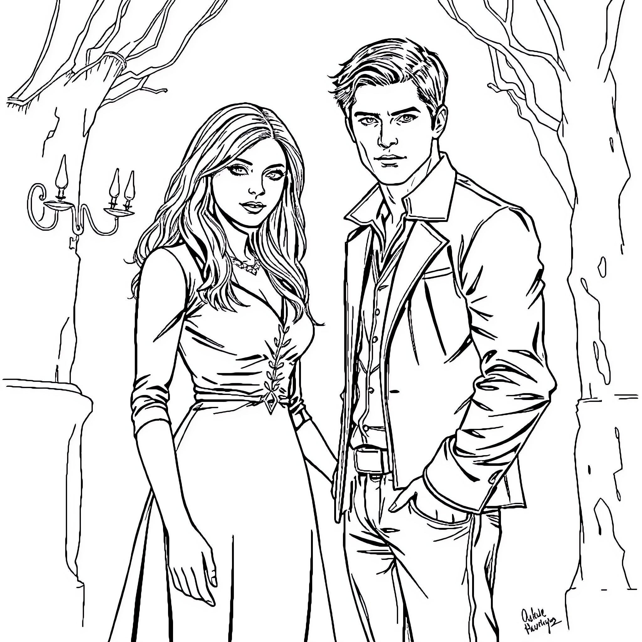 Elena and James in Formal Attire Coloring Page (free black-and-white line drawing printable PDF for all, from beginners to advanced learners, including children, teens, adults, and seniors)