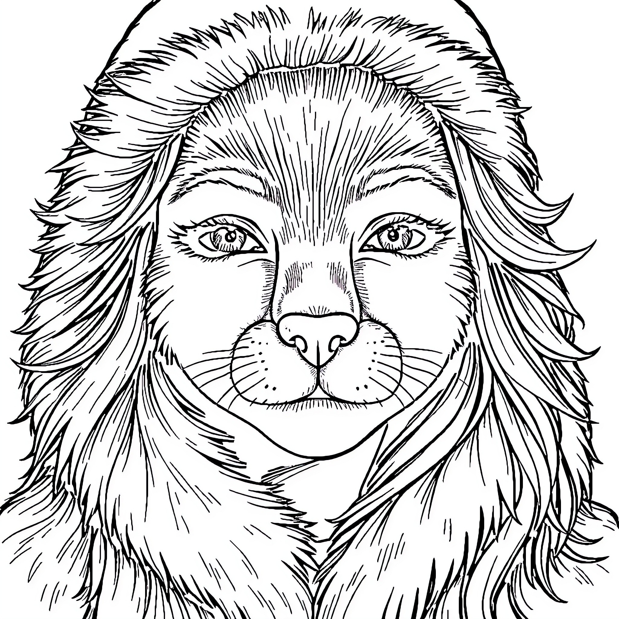 Woman with lion-like facial features and long wavy hair Coloring Page (free black-and-white line drawing printable PDF for all, from beginners to advanced learners, including children, teens, adults, and seniors)