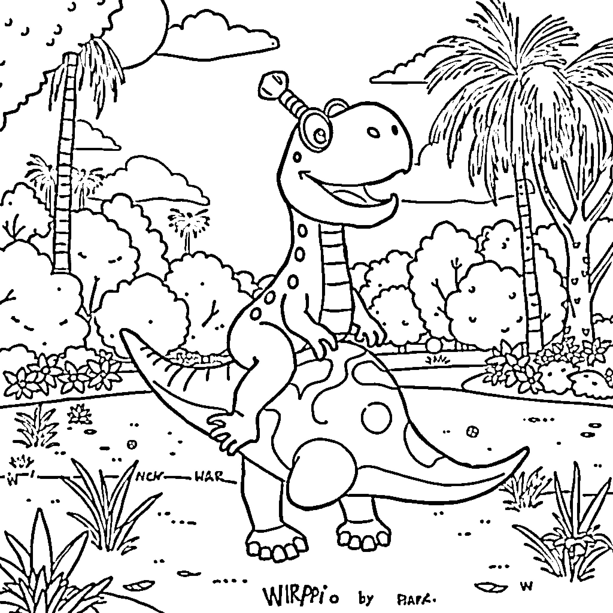 Blippi the Friendly Dinosaur Exploring the Jungle Coloring Page (free black-and-white line drawing printable PDF for all, from beginners to advanced learners, including children, teens, adults, and seniors)