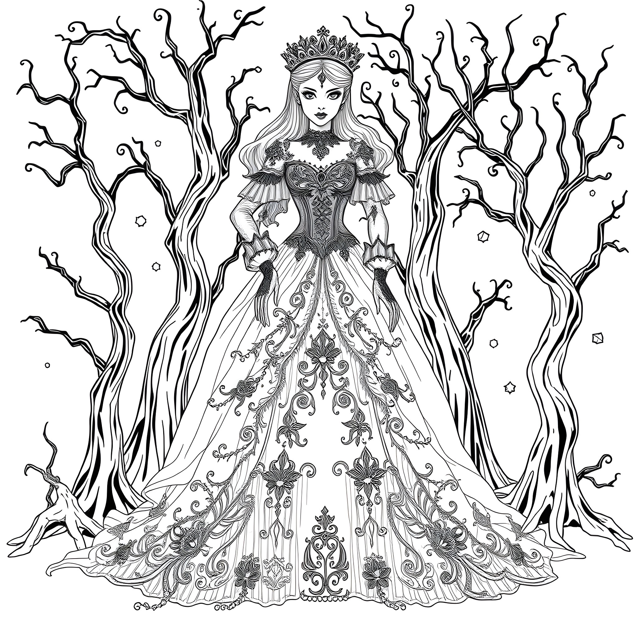 Princess in a magical forest with ornate dress Coloring Page (free black-and-white line drawing printable PDF for all, from beginners to advanced learners, including children, teens, adults, and seniors)