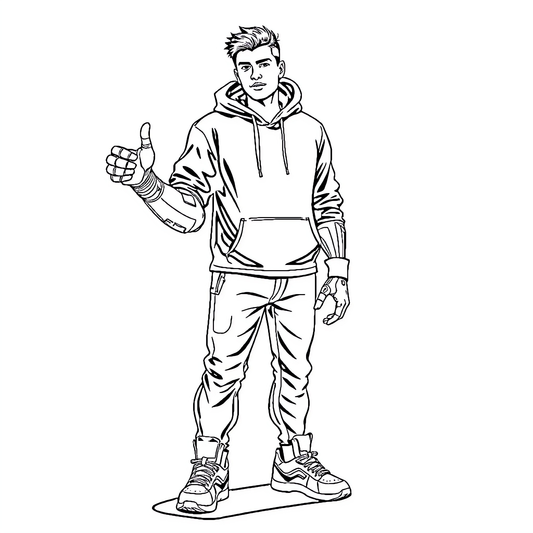 Man giving a thumbs up gesture in casual outfit Coloring Page (free black-and-white line drawing printable PDF for all, from beginners to advanced learners, including children, teens, adults, and seniors)
