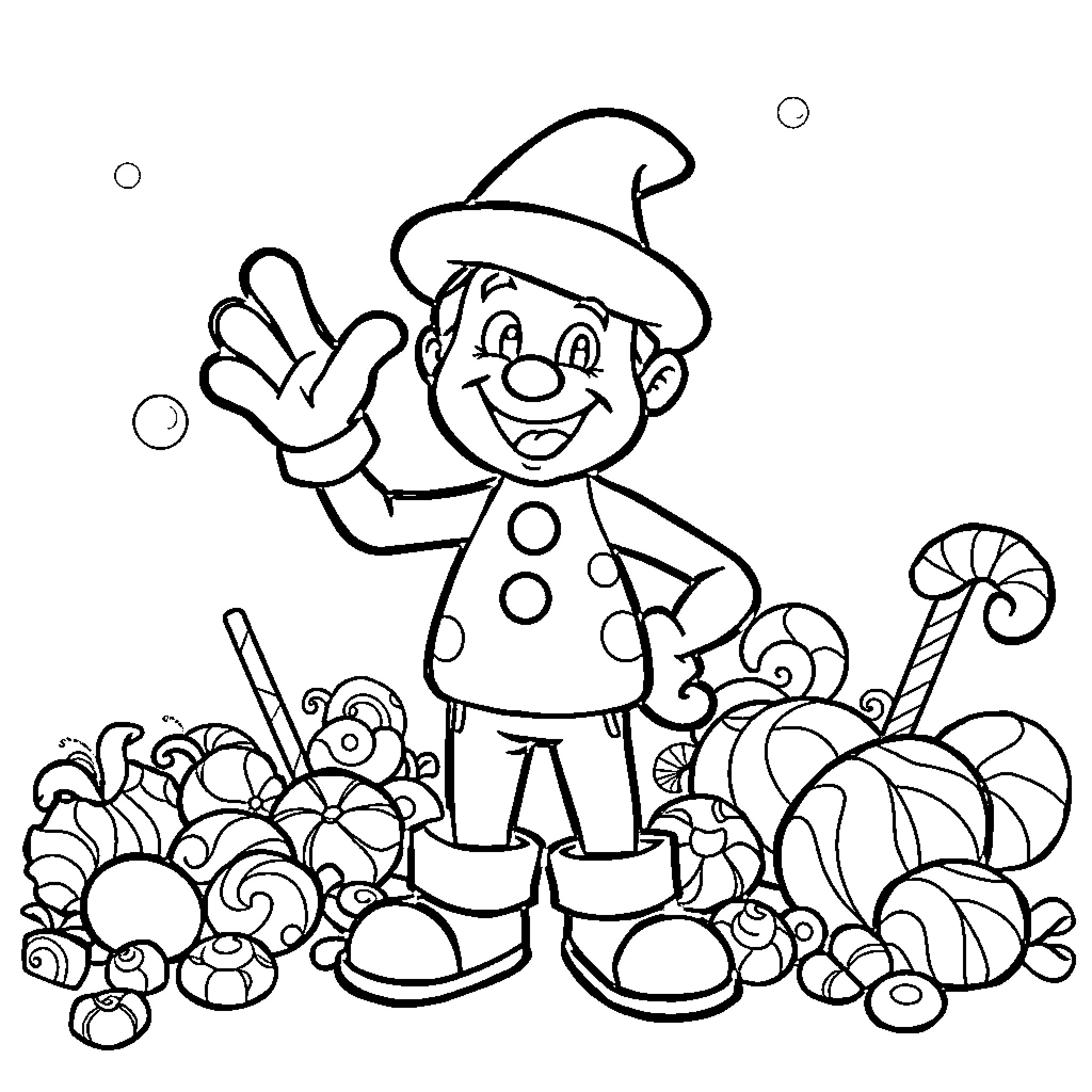 Candyland Character Waving in Whimsical Landscape Coloring Page (free black-and-white line drawing printable PDF for all, from beginners to advanced learners, including children, teens, adults, and seniors)