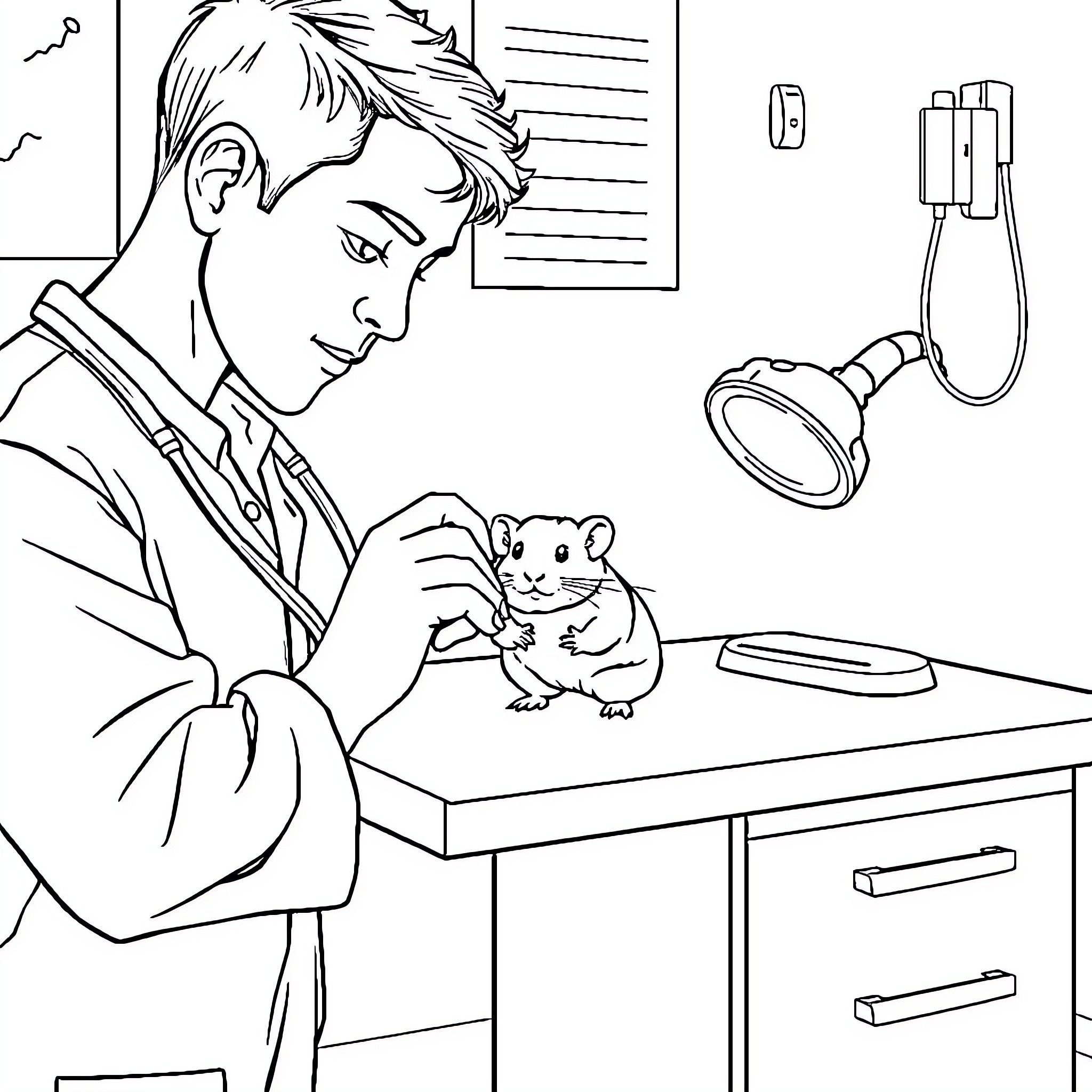Vet examining a small animal in clinic Coloring Page (free black-and-white line drawing printable PDF for all, from beginners to advanced learners, including children, teens, adults, and seniors)