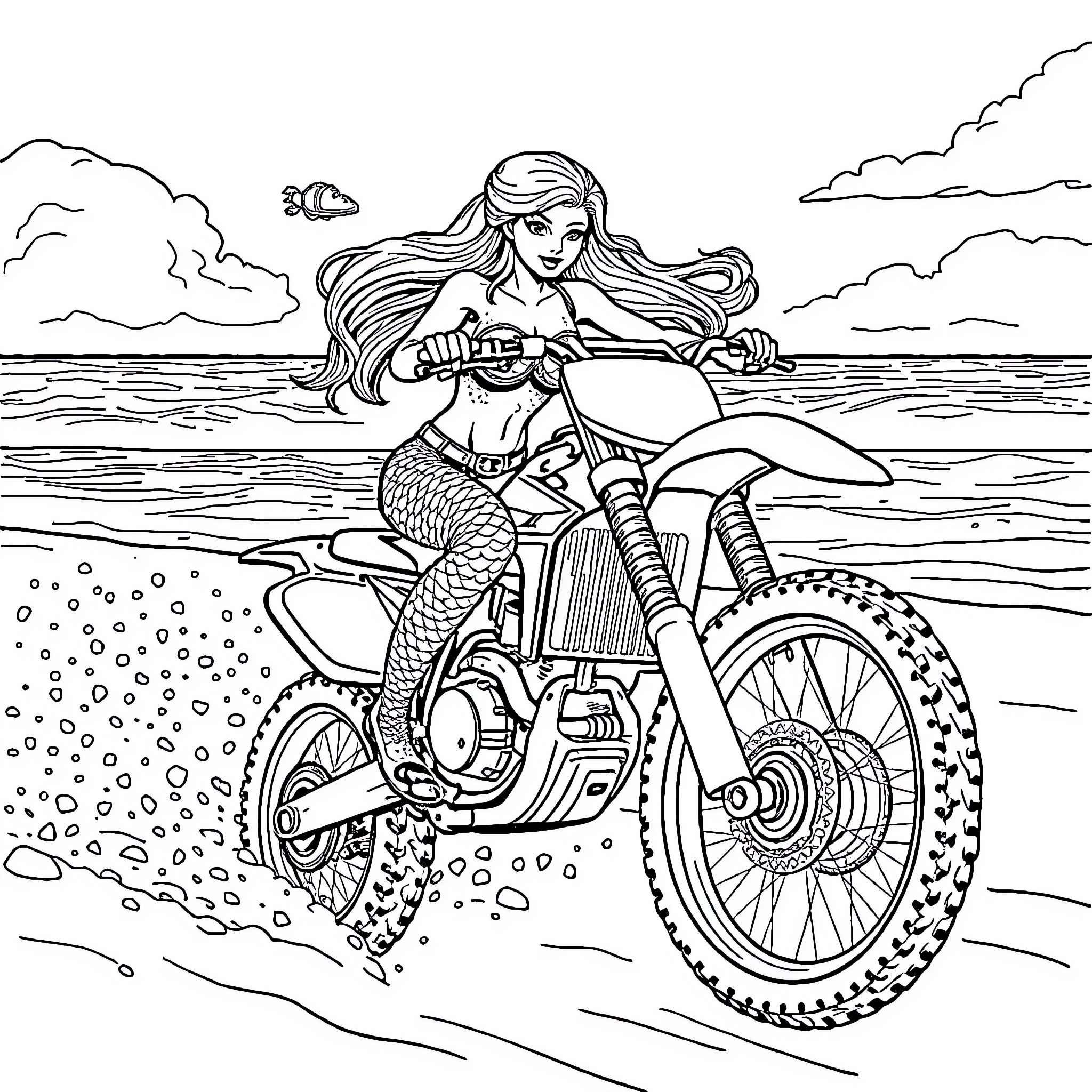 Mermaid riding a unique motorcycle on the beach Coloring Page (free black-and-white line drawing printable PDF for all, from beginners to advanced learners, including children, teens, adults, and seniors)