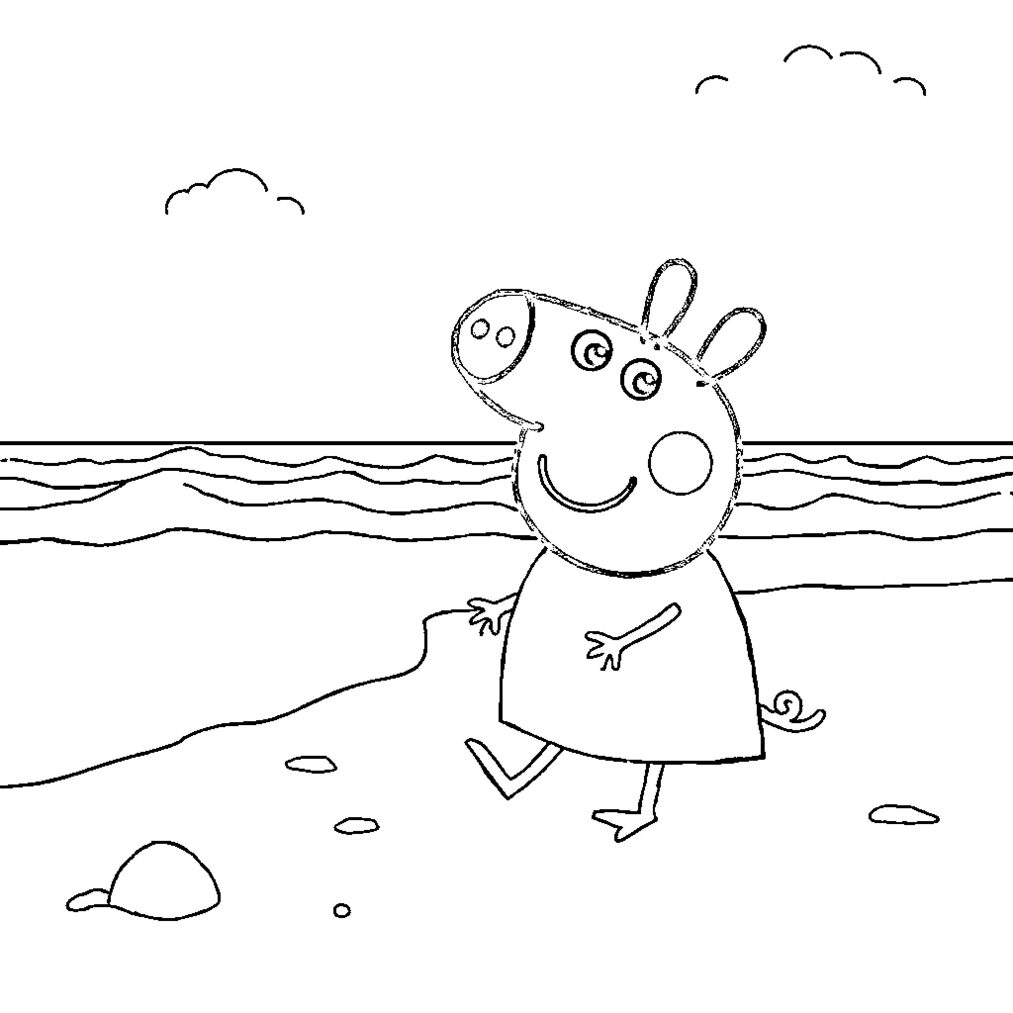 Peppa Pig enjoying a day at the beach Coloring Page (free black-and-white line drawing printable PDF for all, from beginners to advanced learners, including children, teens, adults, and seniors)