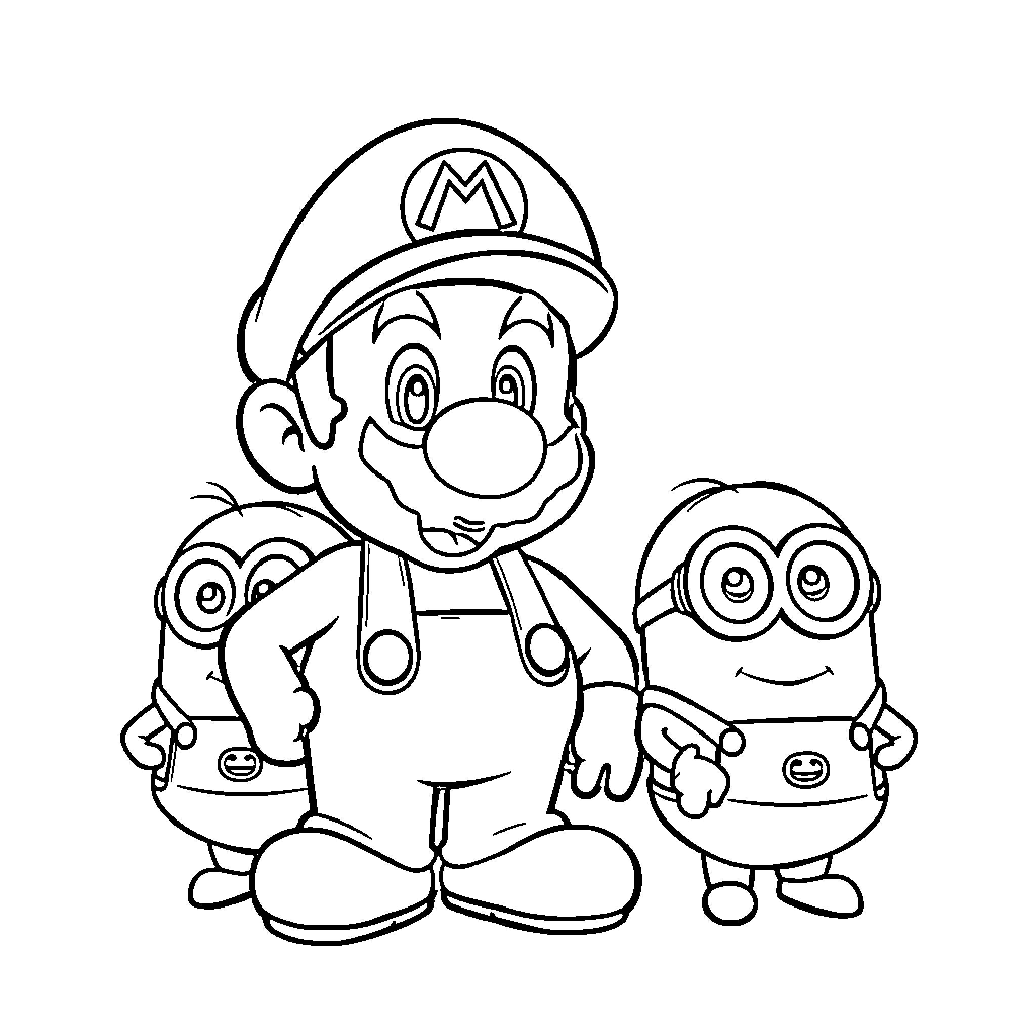 Mario and Minions Cartoon Adventure Coloring Page (free black-and-white line drawing printable PDF for all, from beginners to advanced learners, including children, teens, adults, and seniors)