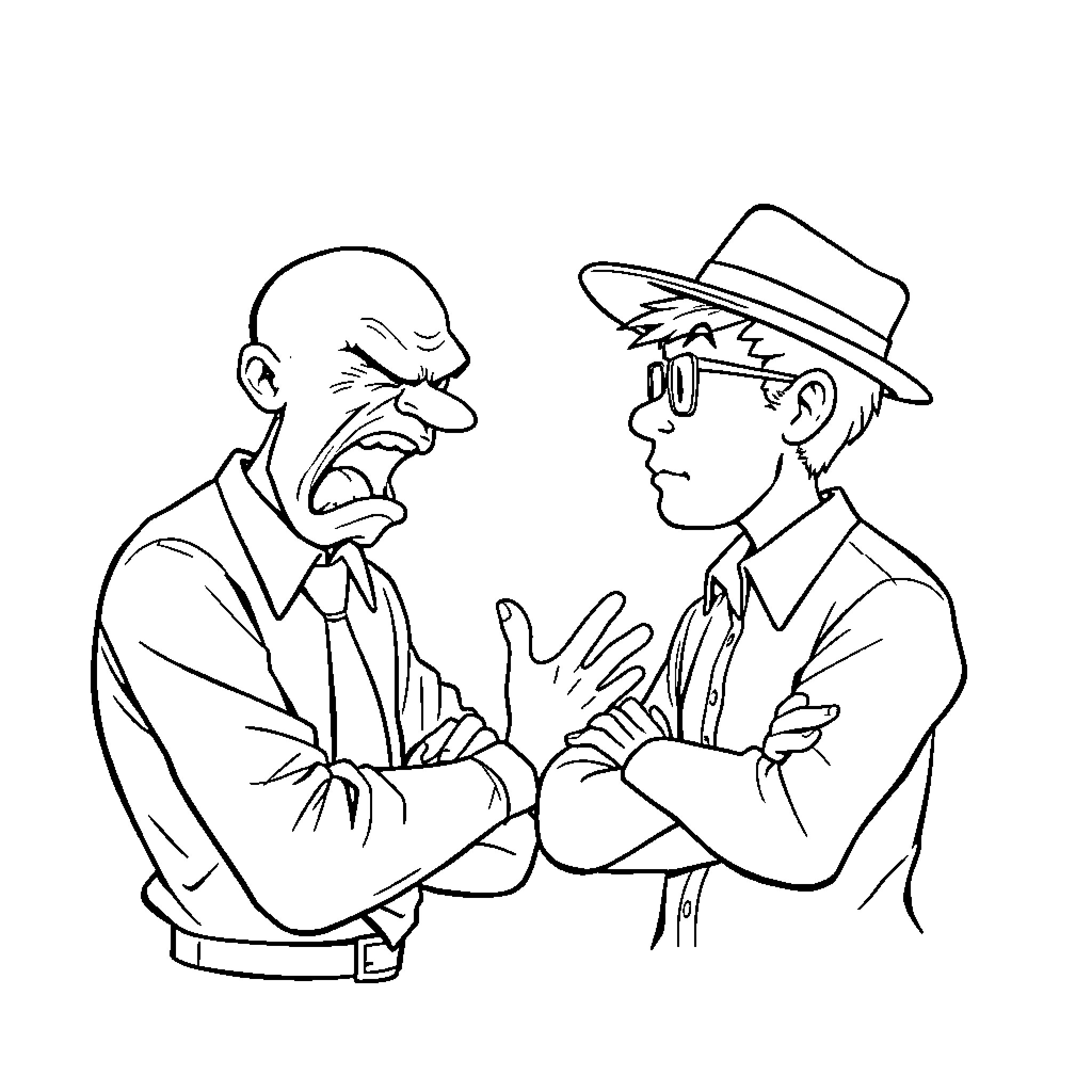 Boss scolding employee in formal attire Coloring Page (free black-and-white line drawing printable PDF for all, from beginners to advanced learners, including children, teens, adults, and seniors)
