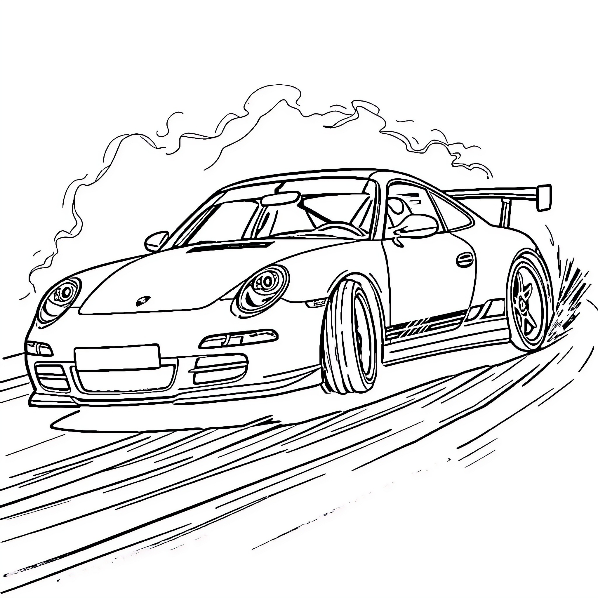 Porsche racing on the track with passion Coloring Page (free black-and-white line drawing printable PDF for all, from beginners to advanced learners, including children, teens, adults, and seniors)
