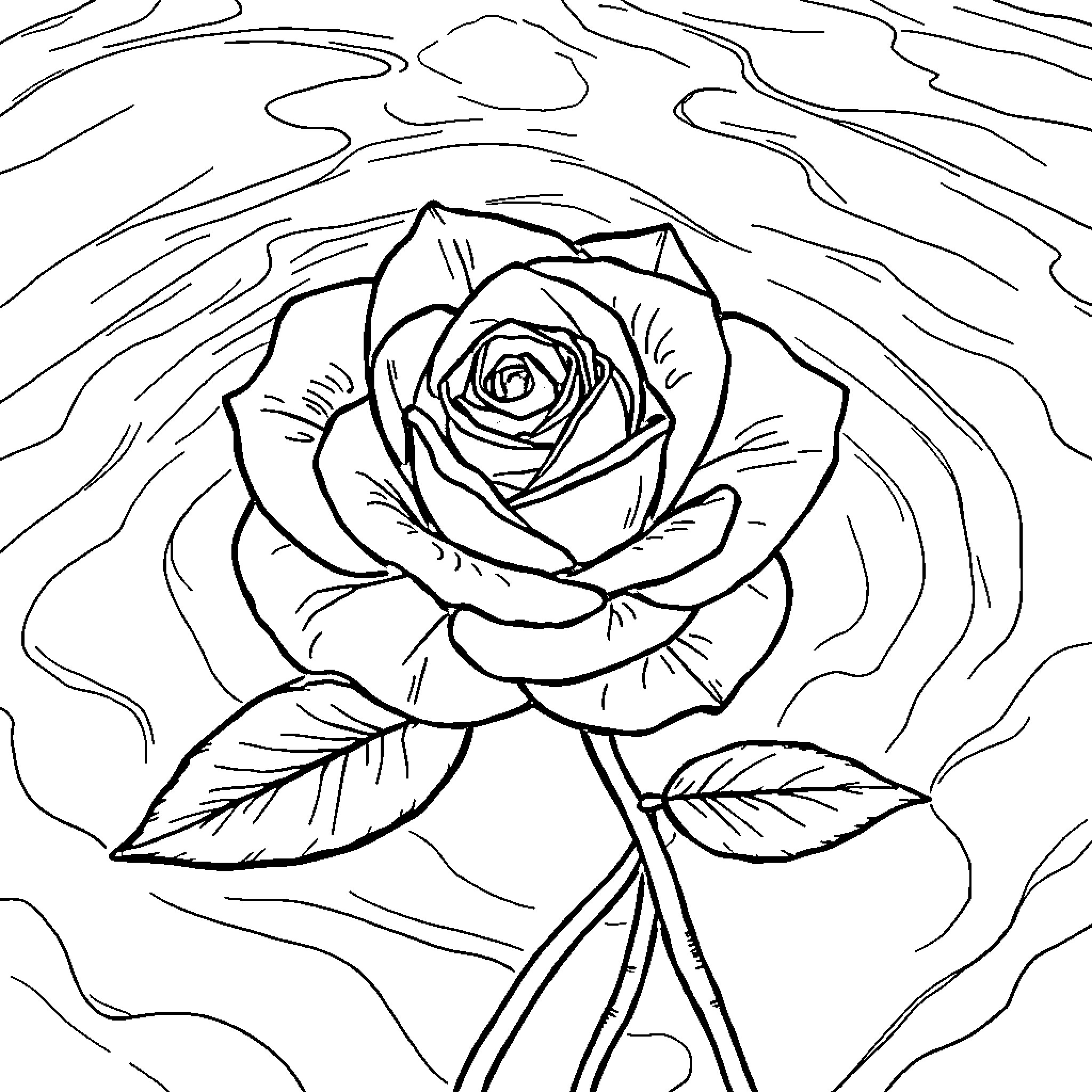 Rose in serene swirling landscape Coloring Page (free black-and-white line drawing printable PDF for all, from beginners to advanced learners, including children, teens, adults, and seniors)