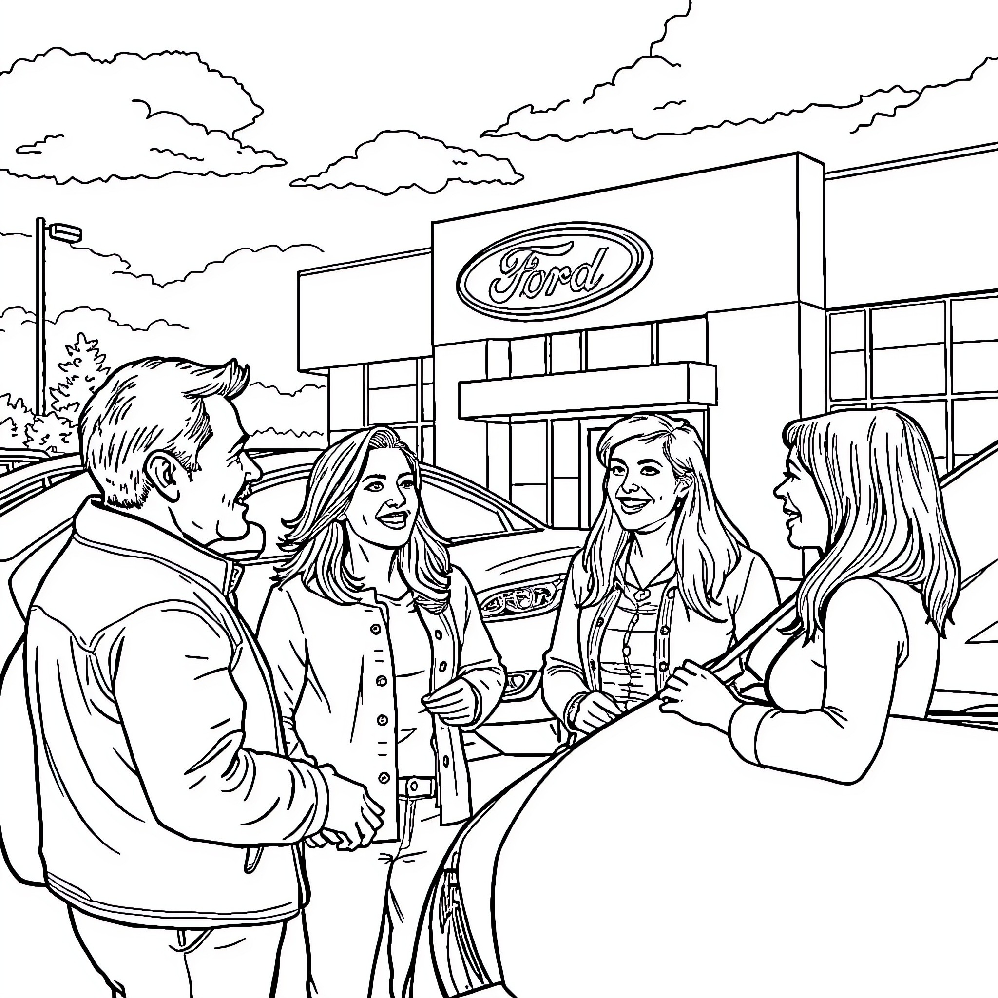 Customer Interactions at the Ford Dealership Coloring Page (free black-and-white line drawing printable PDF for all, from beginners to advanced learners, including children, teens, adults, and seniors)