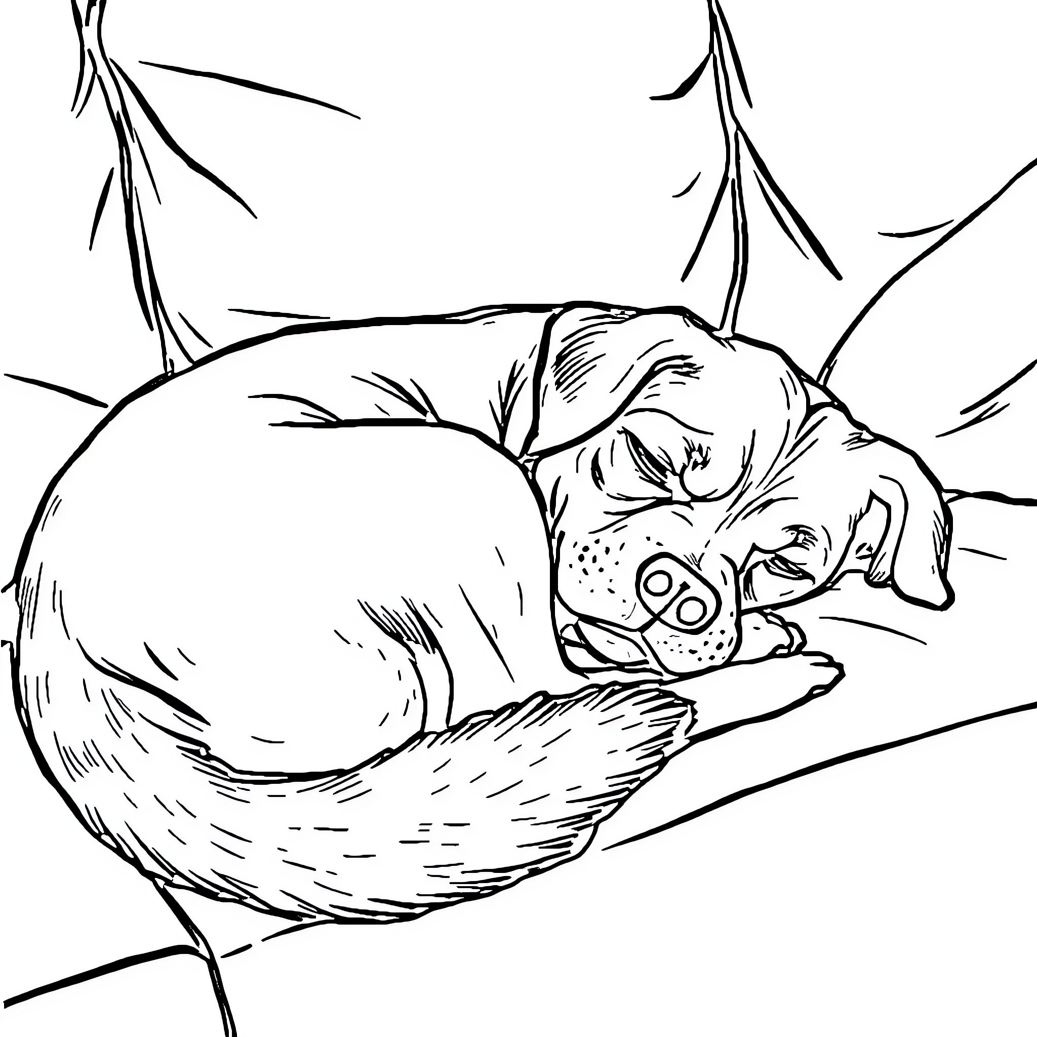 Dog sleeping peacefully in the forest Coloring Page (free black-and-white line drawing printable PDF for all, from beginners to advanced learners, including children, teens, adults, and seniors)