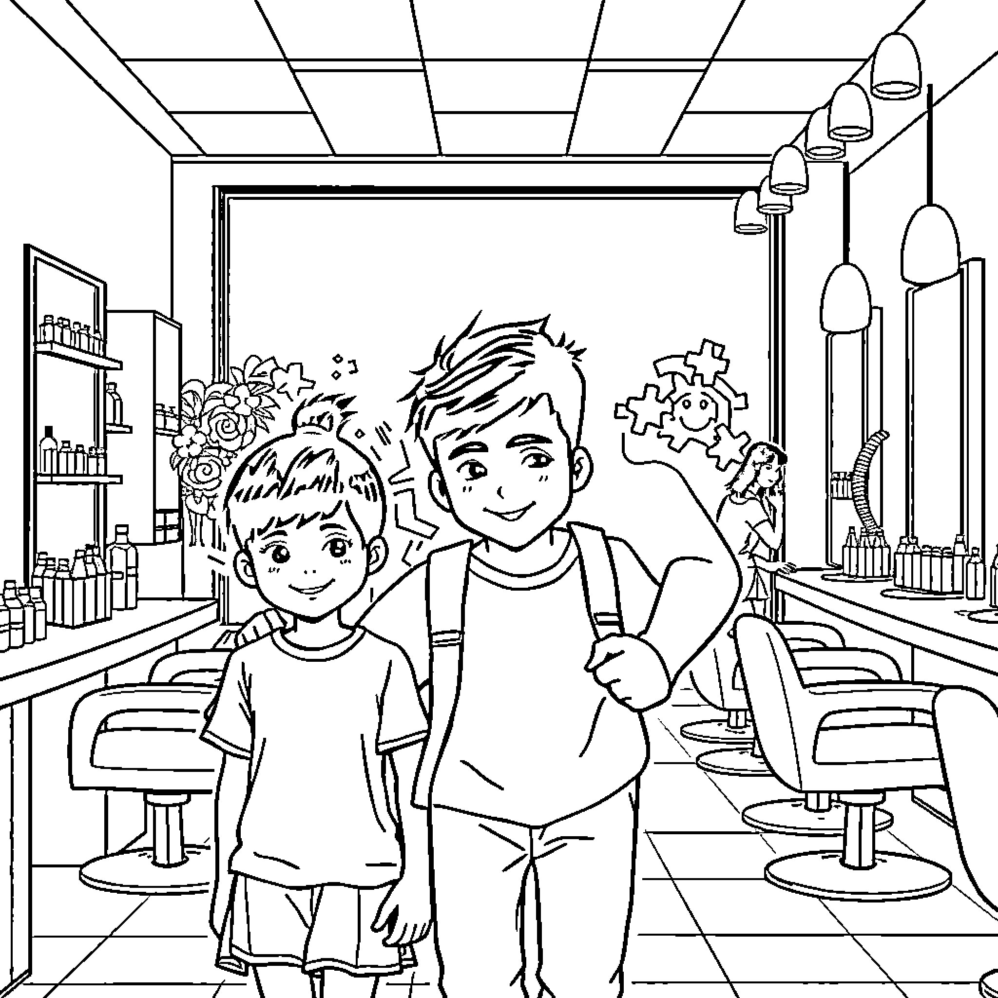Dad and son exploring the science lab Coloring Page (free black-and-white line drawing printable PDF for all, from beginners to advanced learners, including children, teens, adults, and seniors)