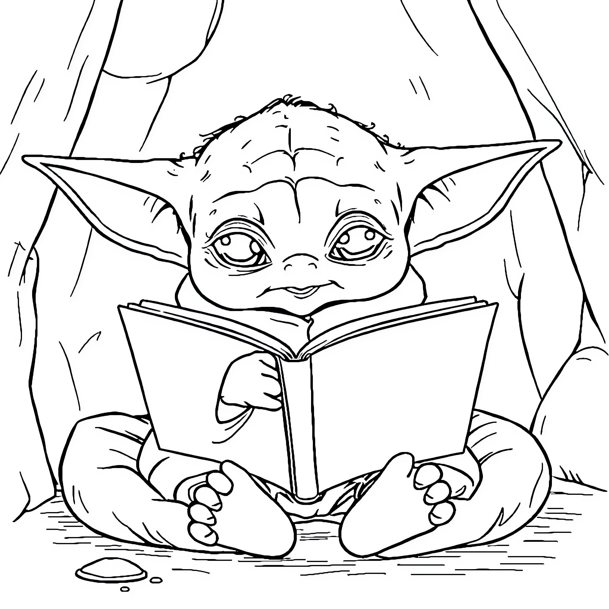 Yoda reading a book in the forest Coloring Page (free black-and-white line drawing printable PDF for all, from beginners to advanced learners, including children, teens, adults, and seniors)
