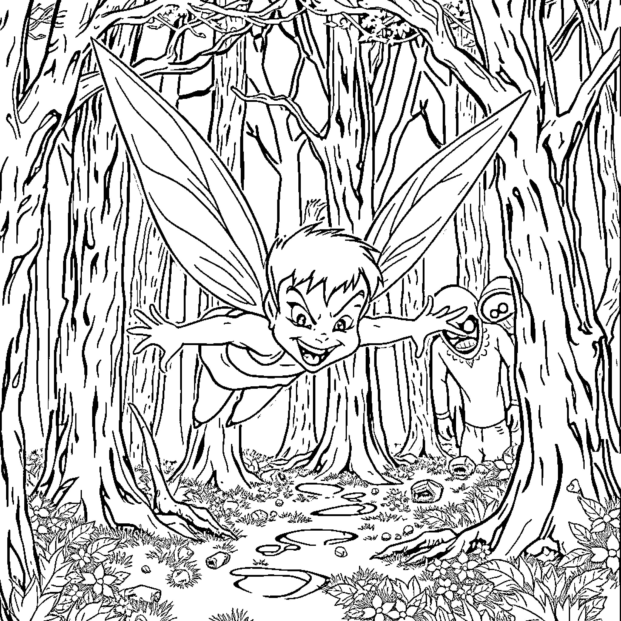 Tinkerbell's Mischievous Adventure in the Enchanted Forest Coloring Page (free black-and-white line drawing printable PDF for all, from beginners to advanced learners, including children, teens, adults, and seniors)