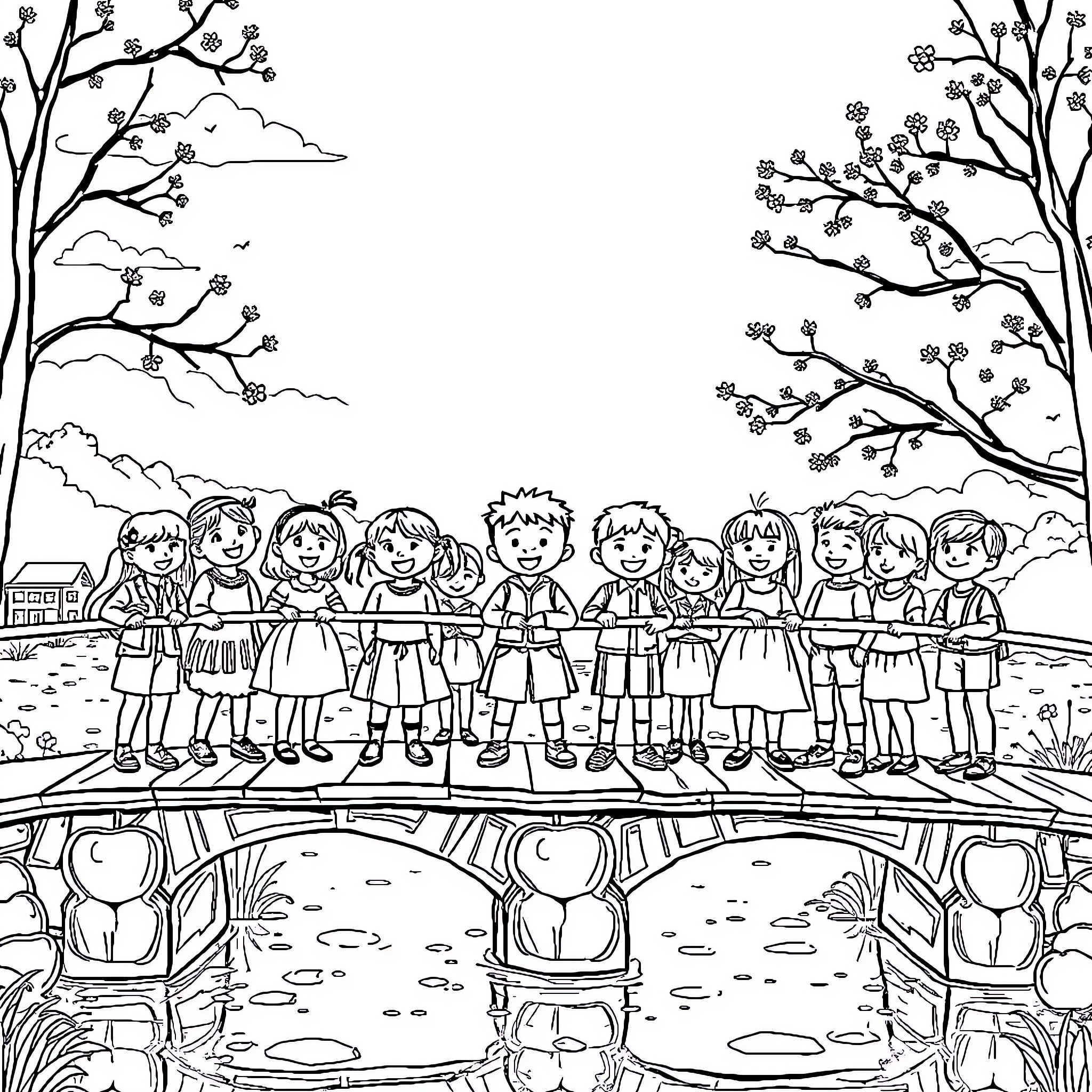 Child group walking across a bridge in nature Coloring Page (free black-and-white line drawing printable PDF for all, from beginners to advanced learners, including children, teens, adults, and seniors)