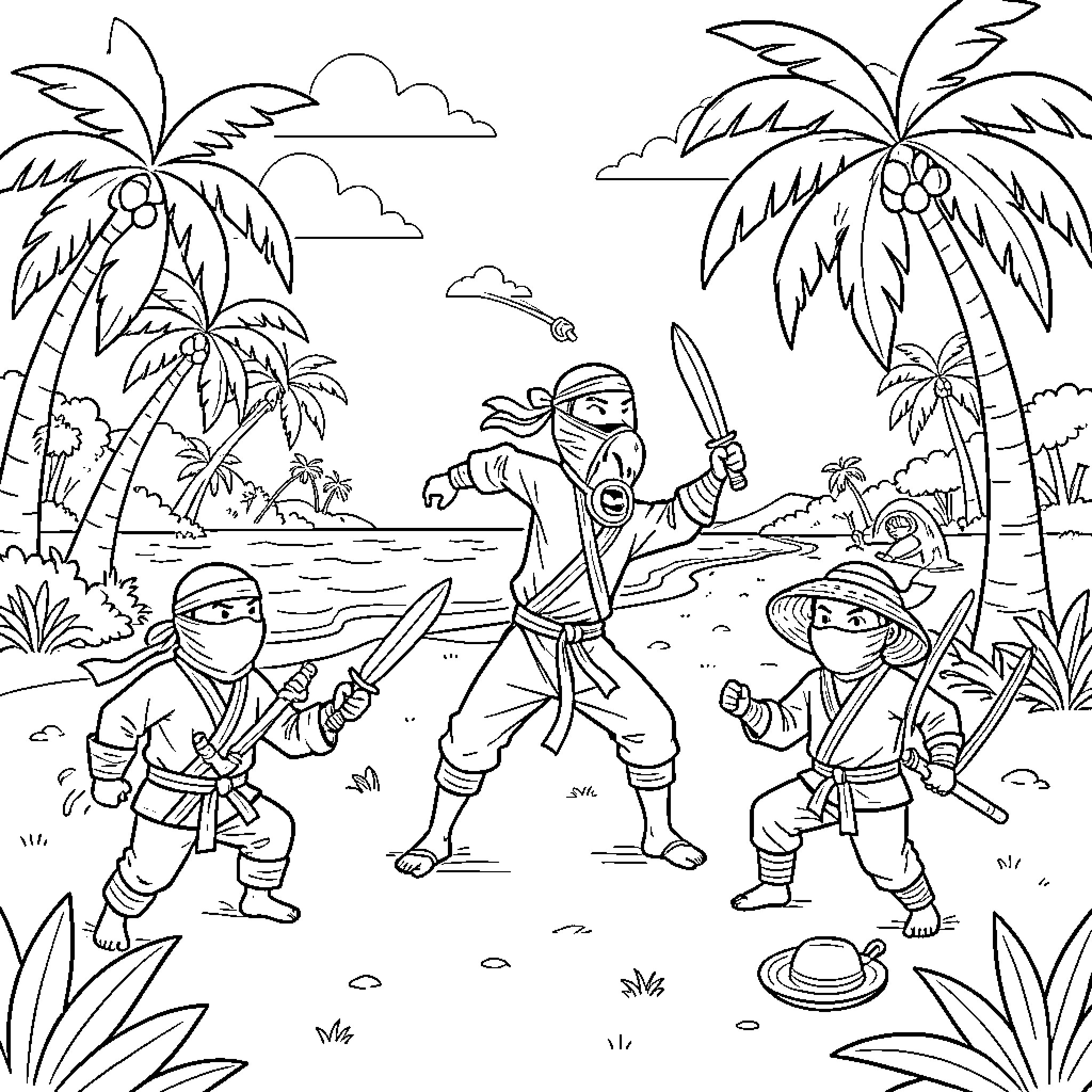 Ninja warriors fighting with swords on a tropical beach Coloring Page (free black-and-white line drawing printable PDF for all, from beginners to advanced learners, including children, teens, adults, and seniors)