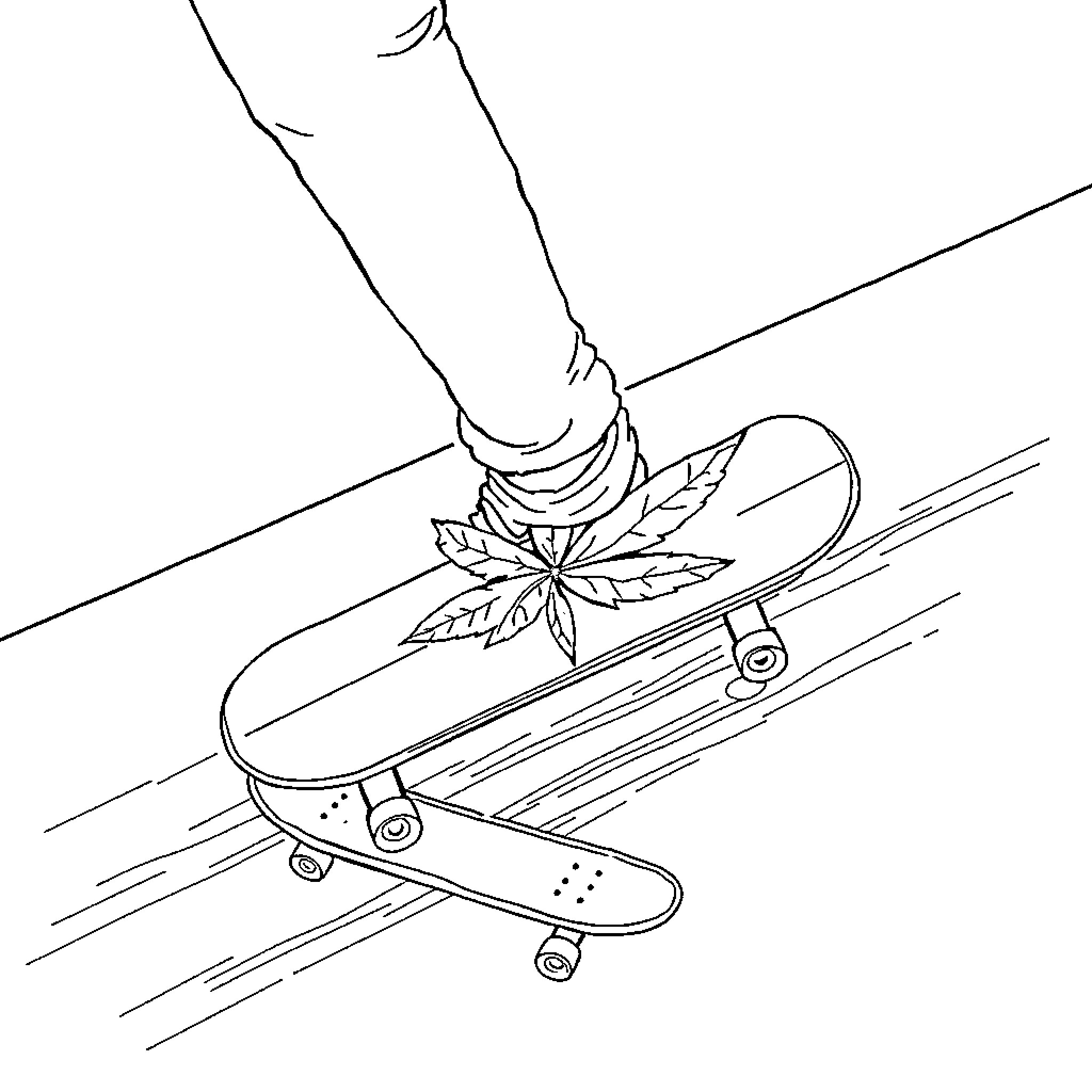 Pot Leaf on Skateboard in Motion Coloring Page (free black-and-white line drawing printable PDF for all, from beginners to advanced learners, including children, teens, adults, and seniors)